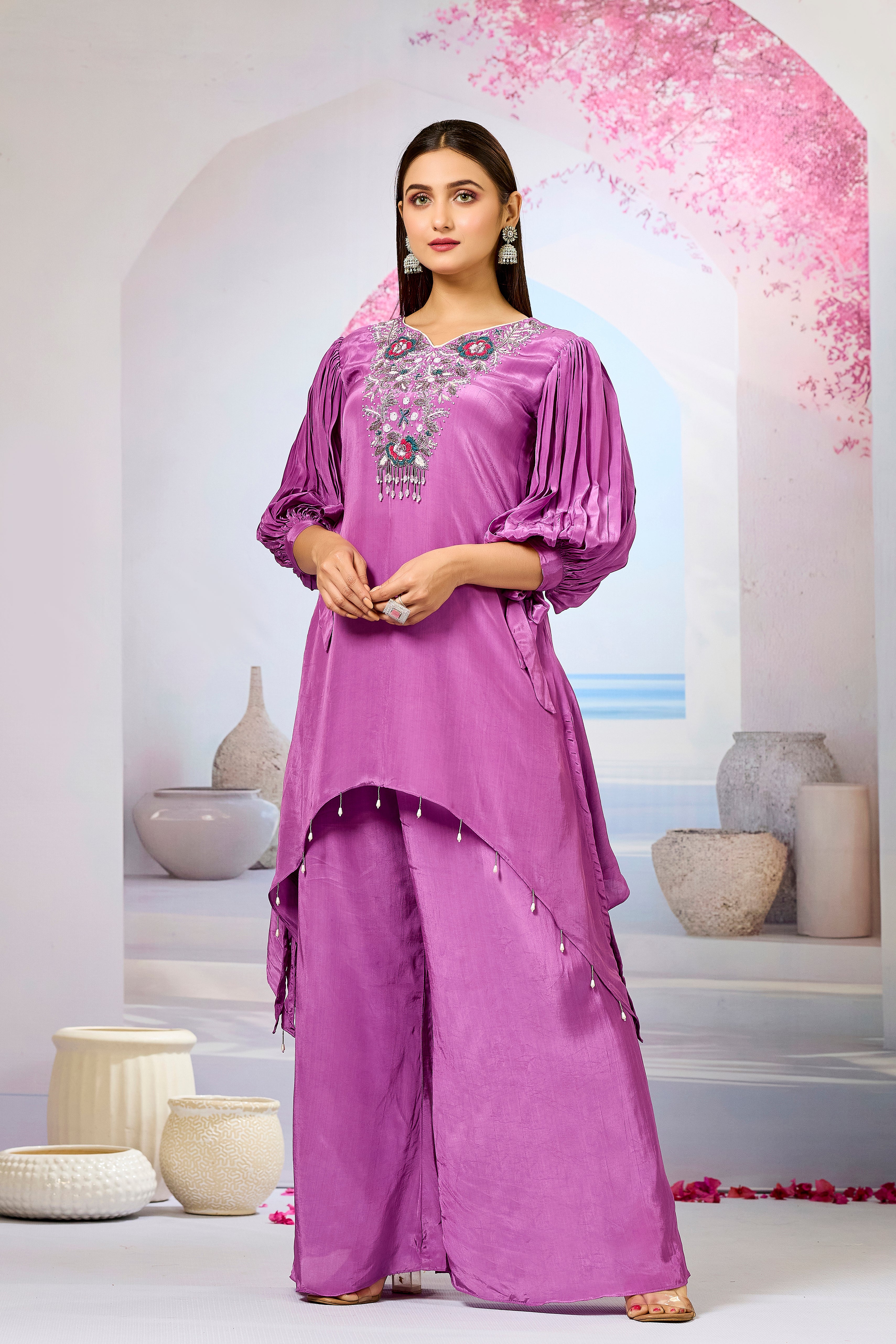 Pink Embellished Crepe Silk Palazzo Set