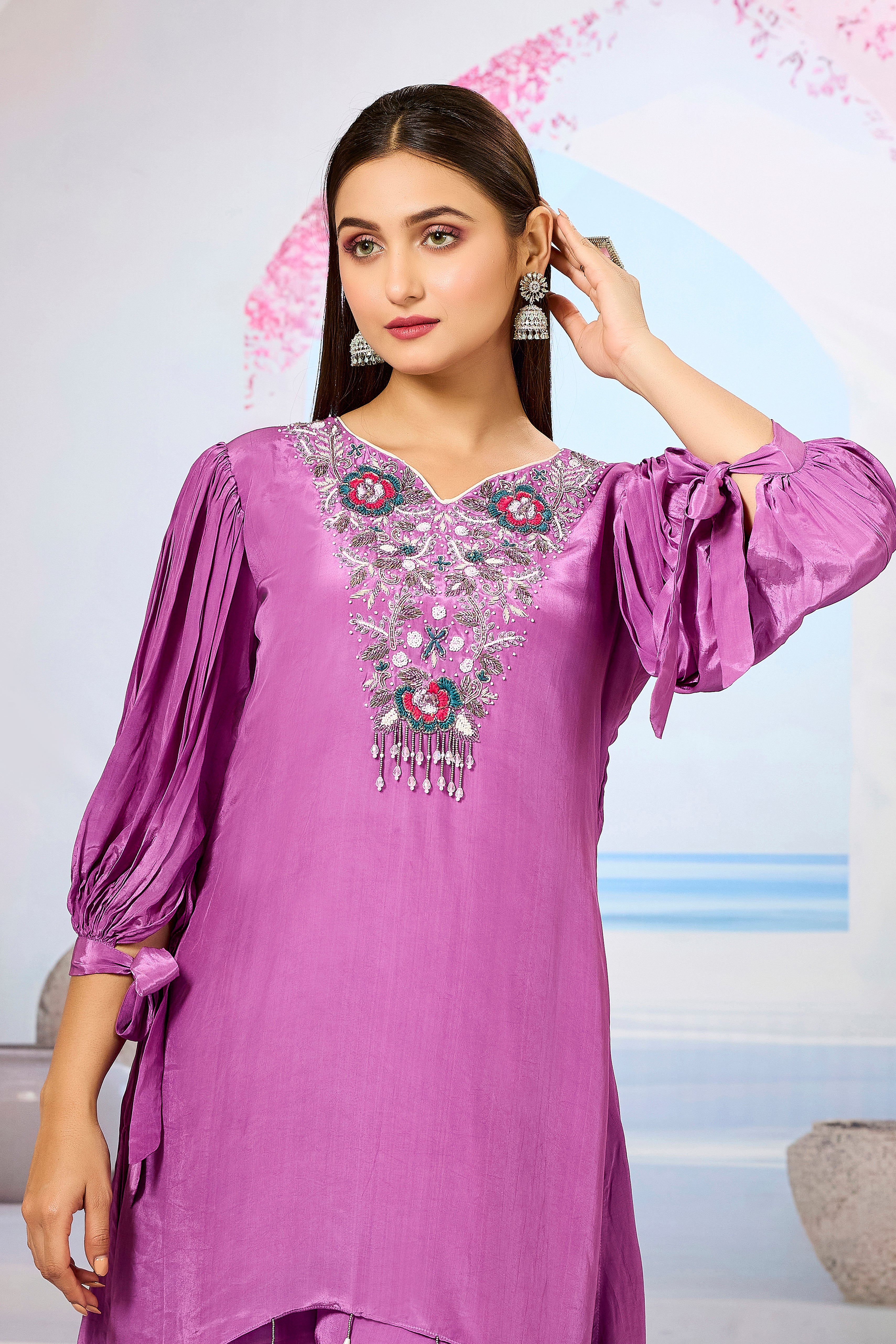 Pink Embellished Crepe Silk Palazzo Set