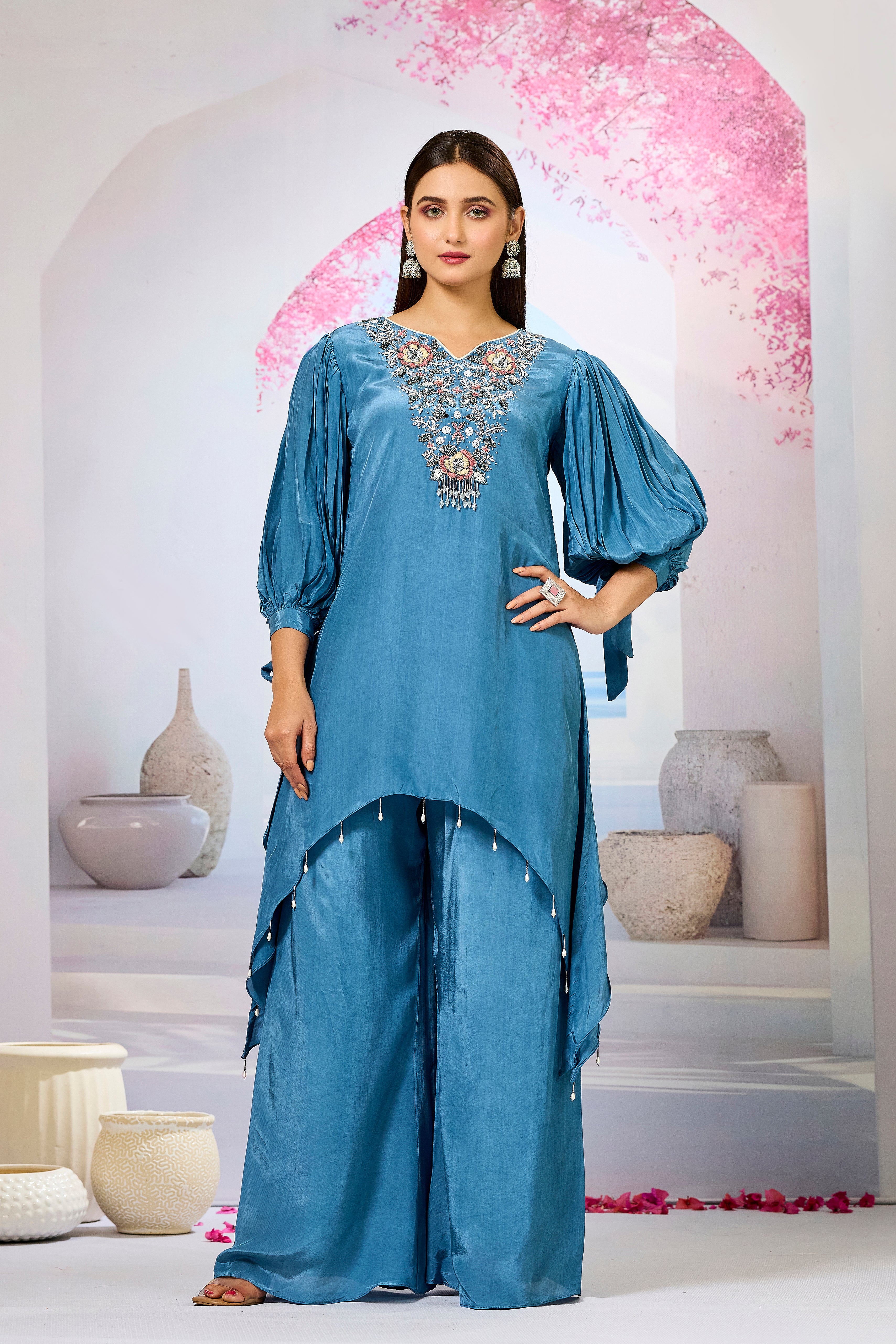 Blue Embellished Crepe Silk Palazzo Set