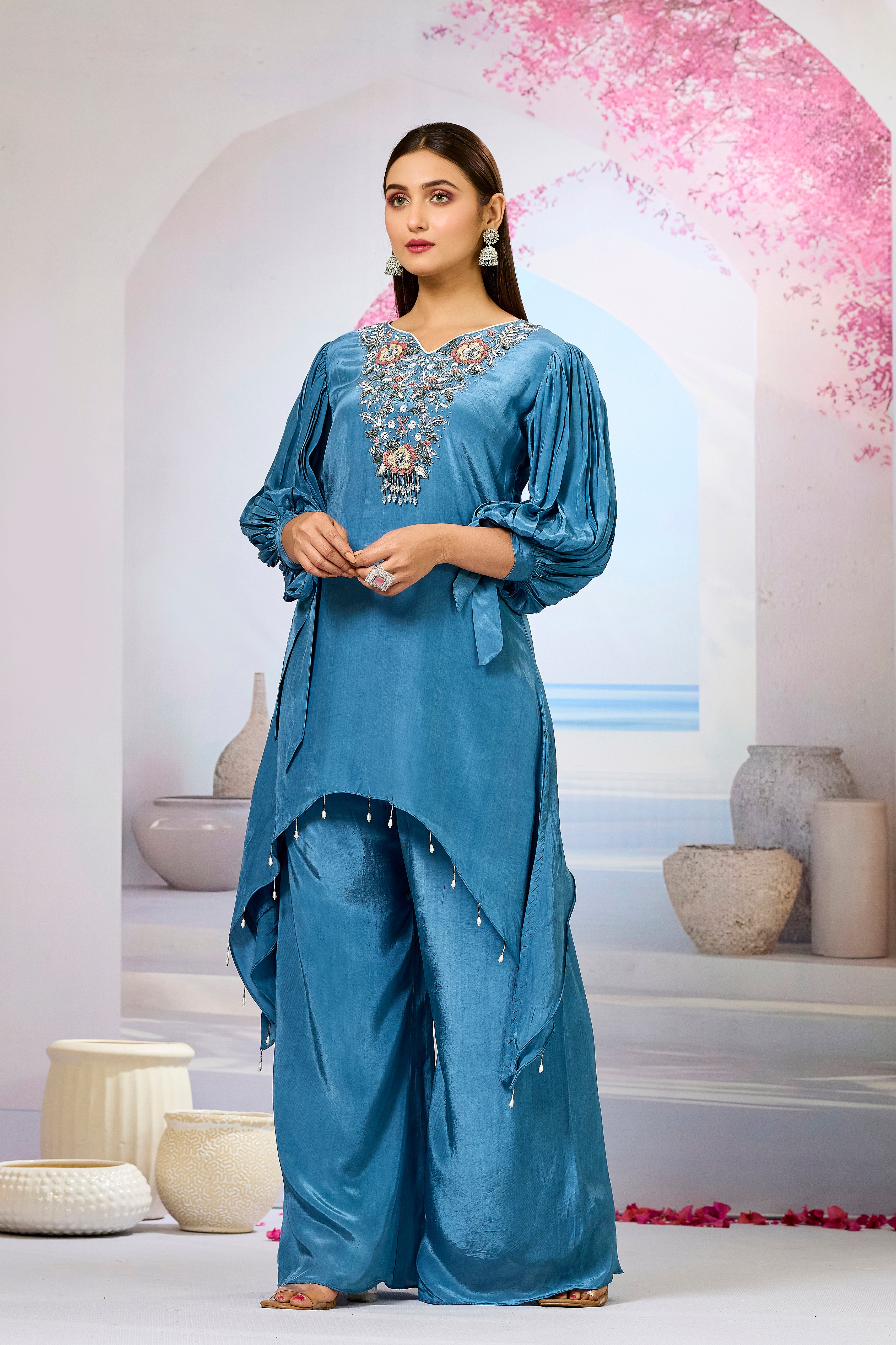 Blue Embellished Crepe Silk Palazzo Set
