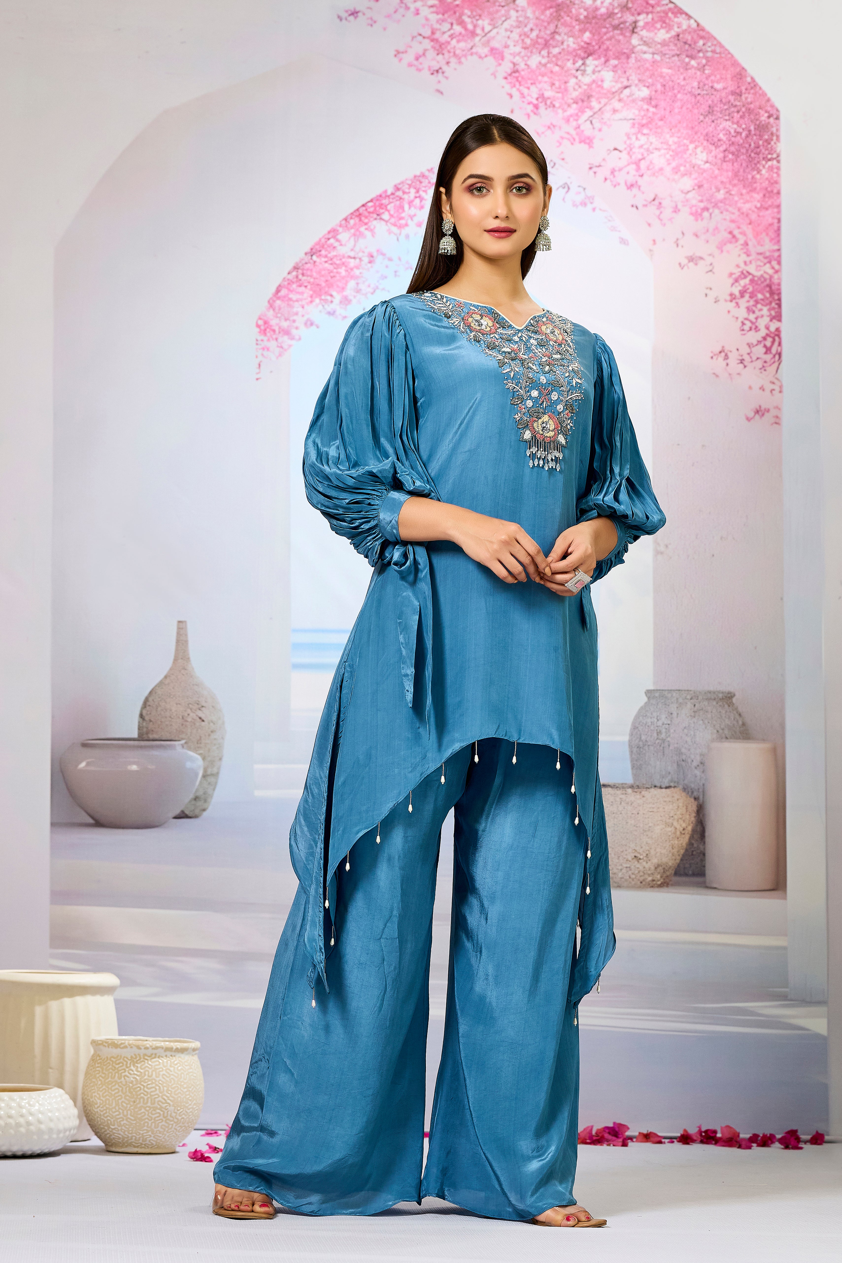 Blue Embellished Crepe Silk Palazzo Set
