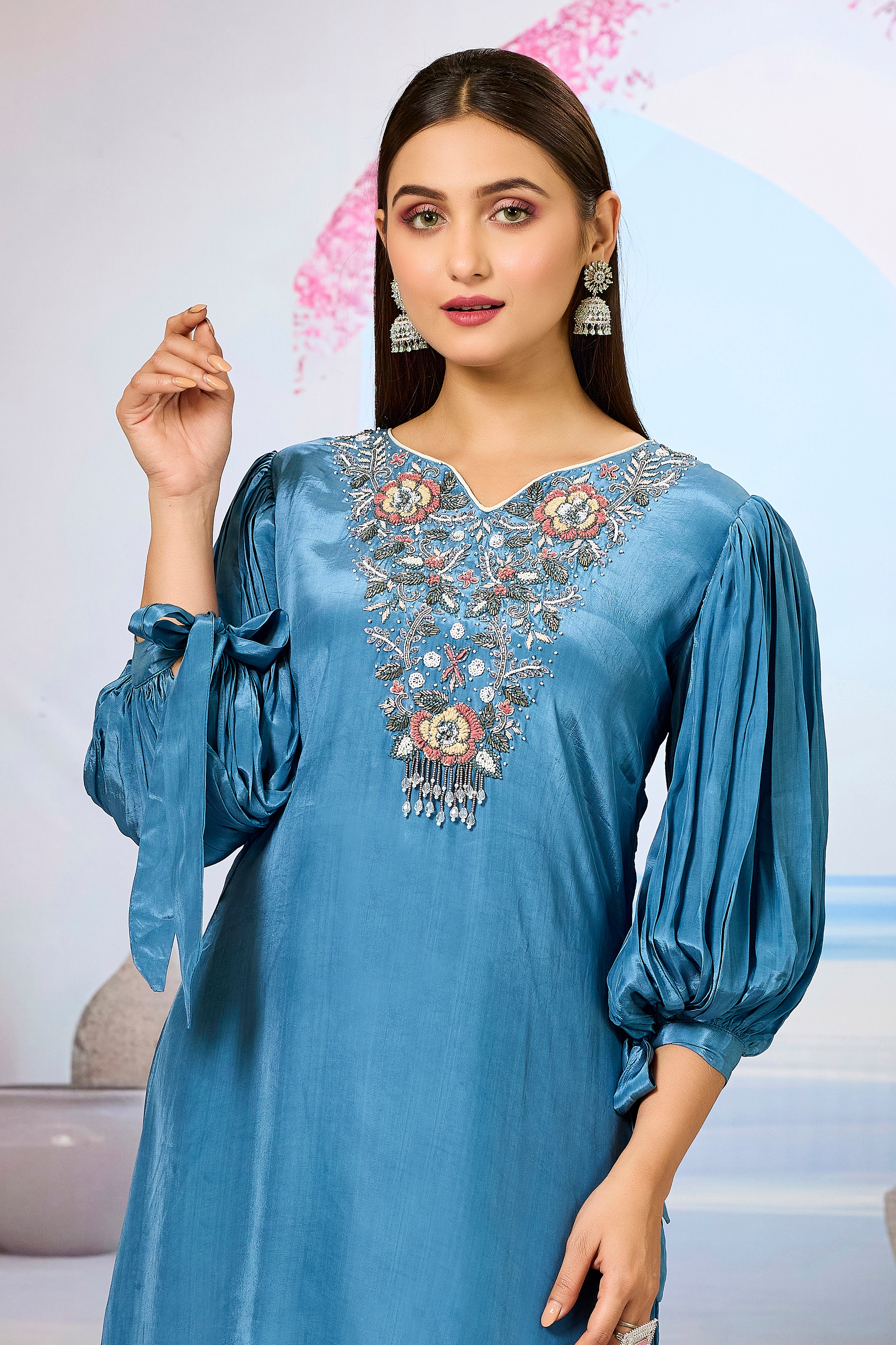 Blue Embellished Crepe Silk Palazzo Set