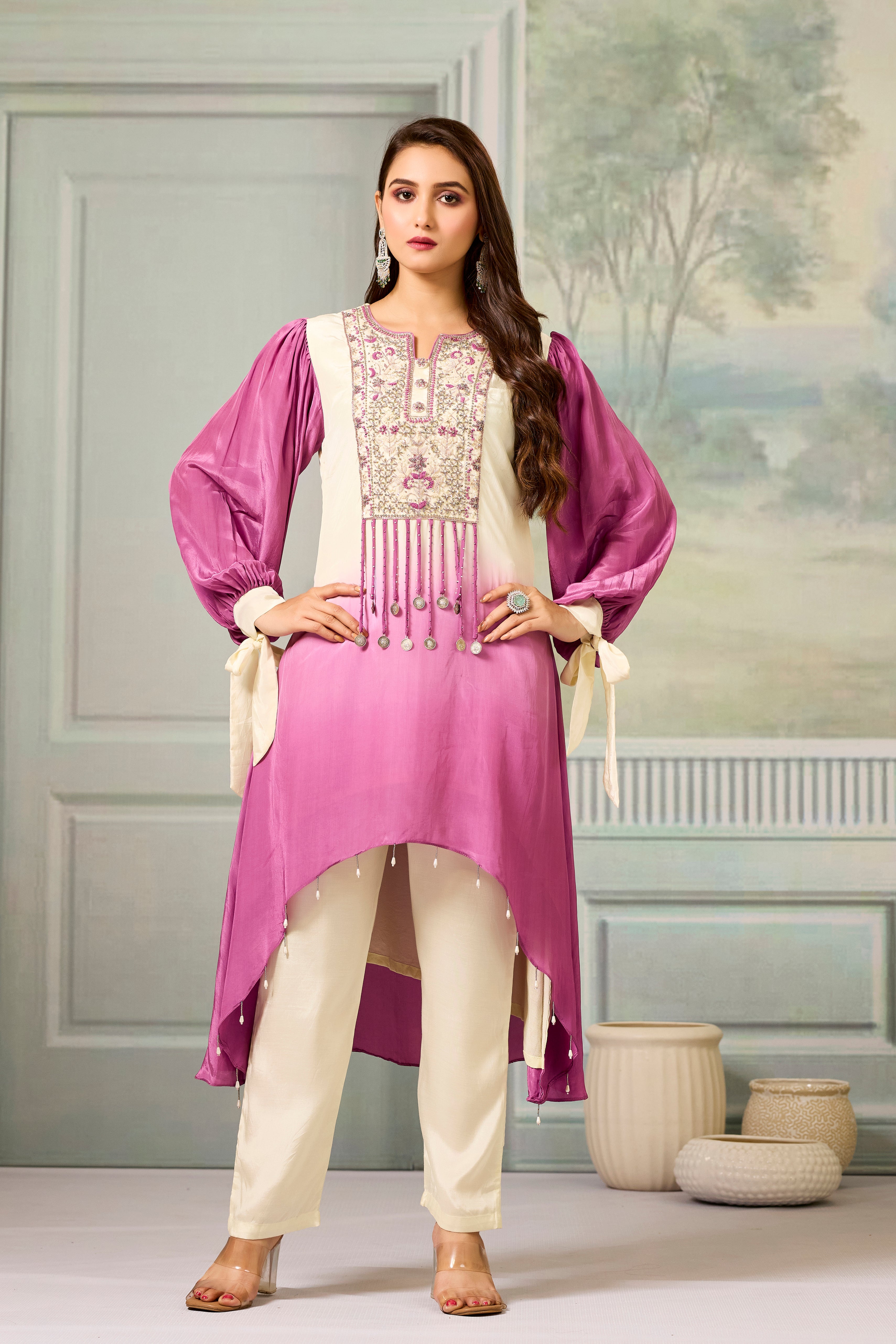 Cream Mauve Ombre-Dyed Crepe Silk Pant Set