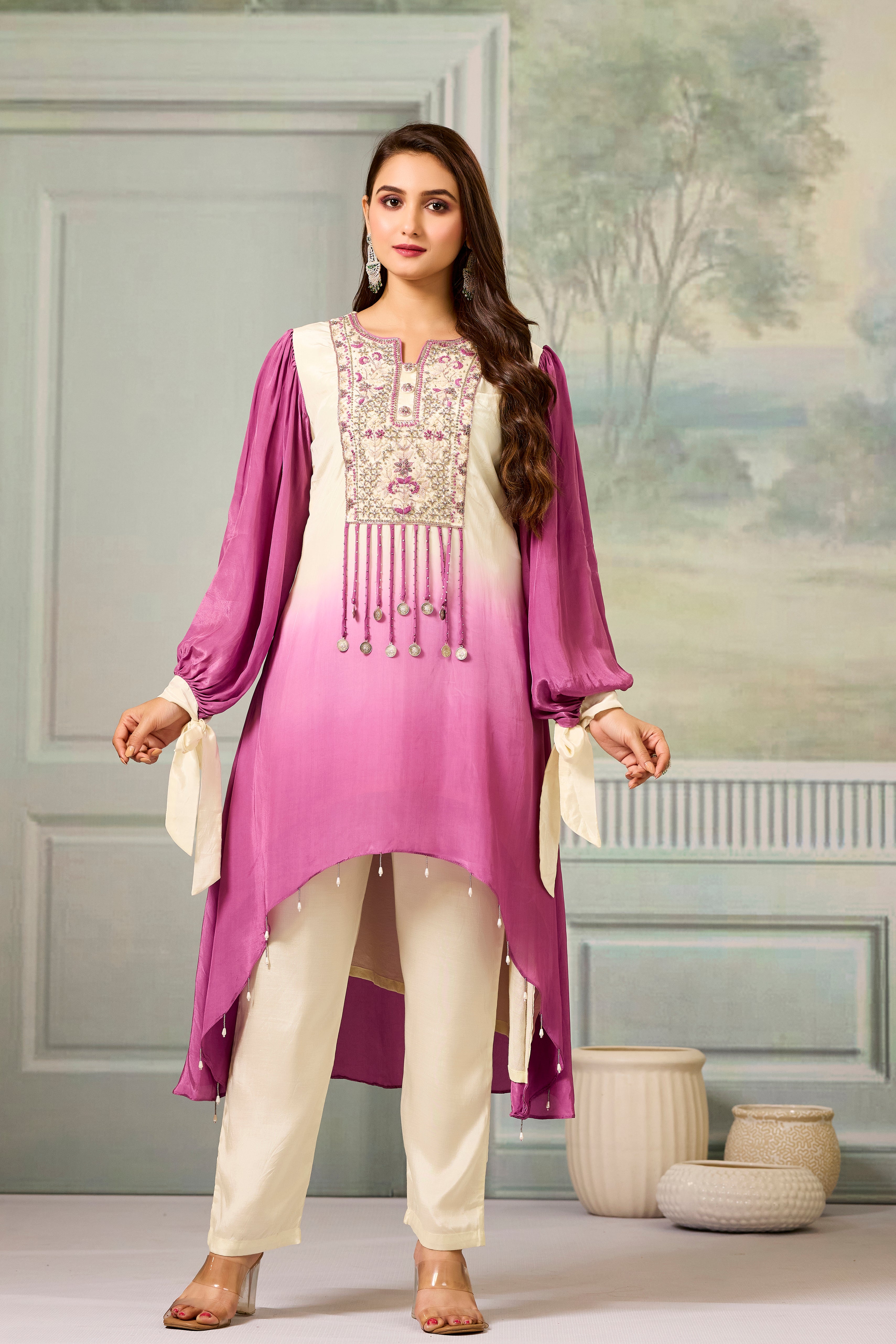 Cream Mauve Ombre-Dyed Crepe Silk Pant Set