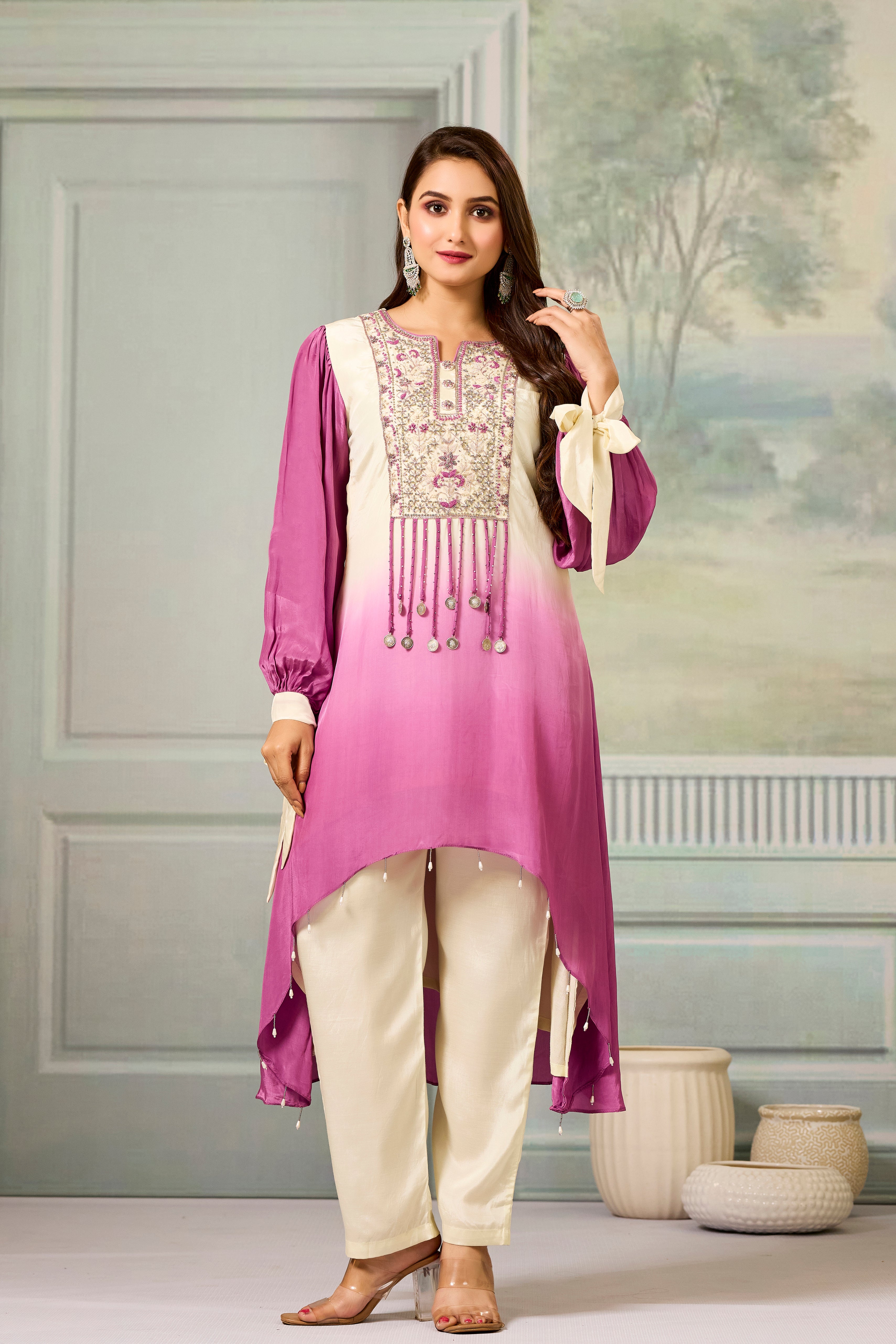 Cream Mauve Ombre-Dyed Crepe Silk Pant Set