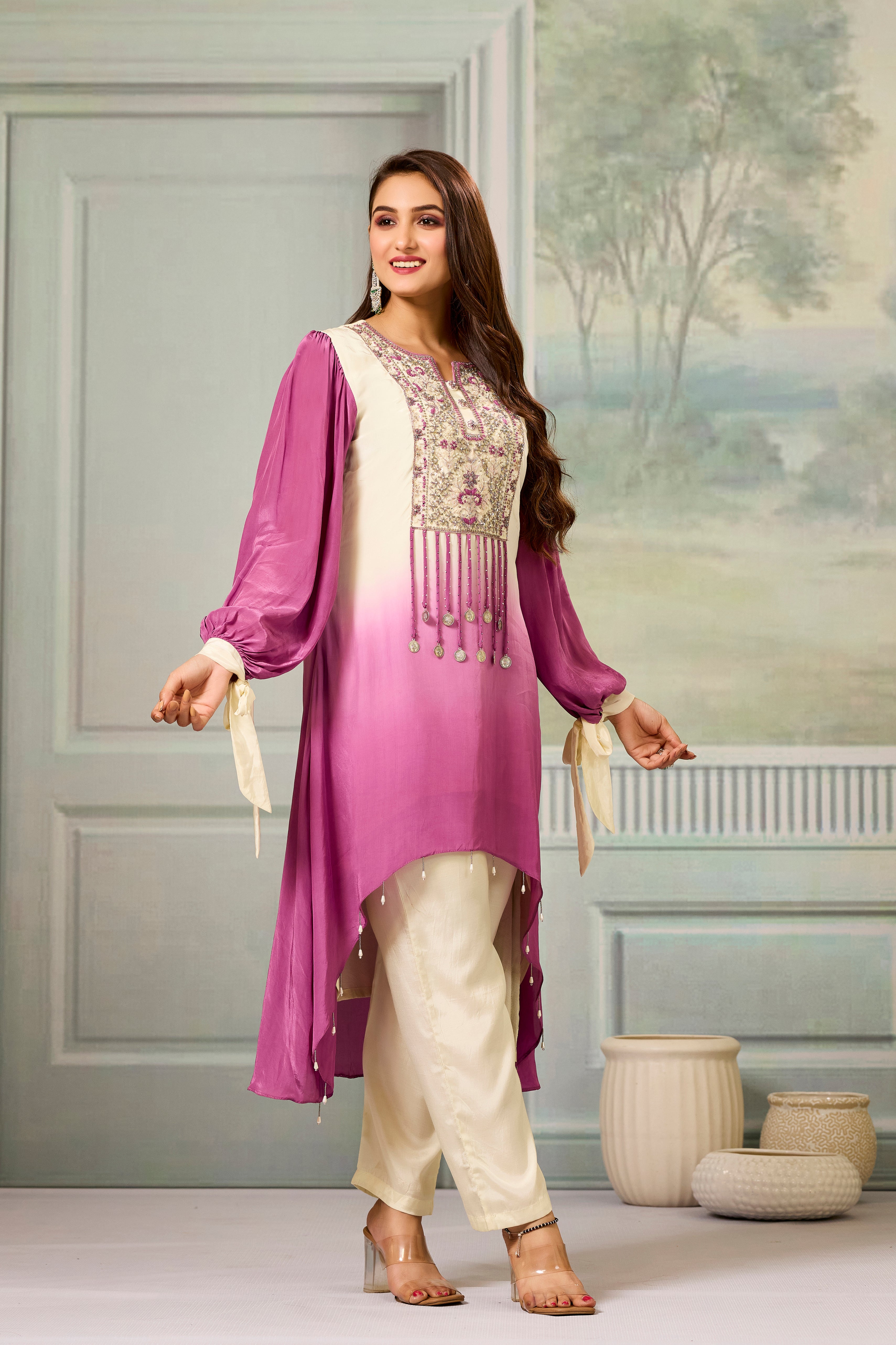 Cream Mauve Ombre-Dyed Crepe Silk Pant Set