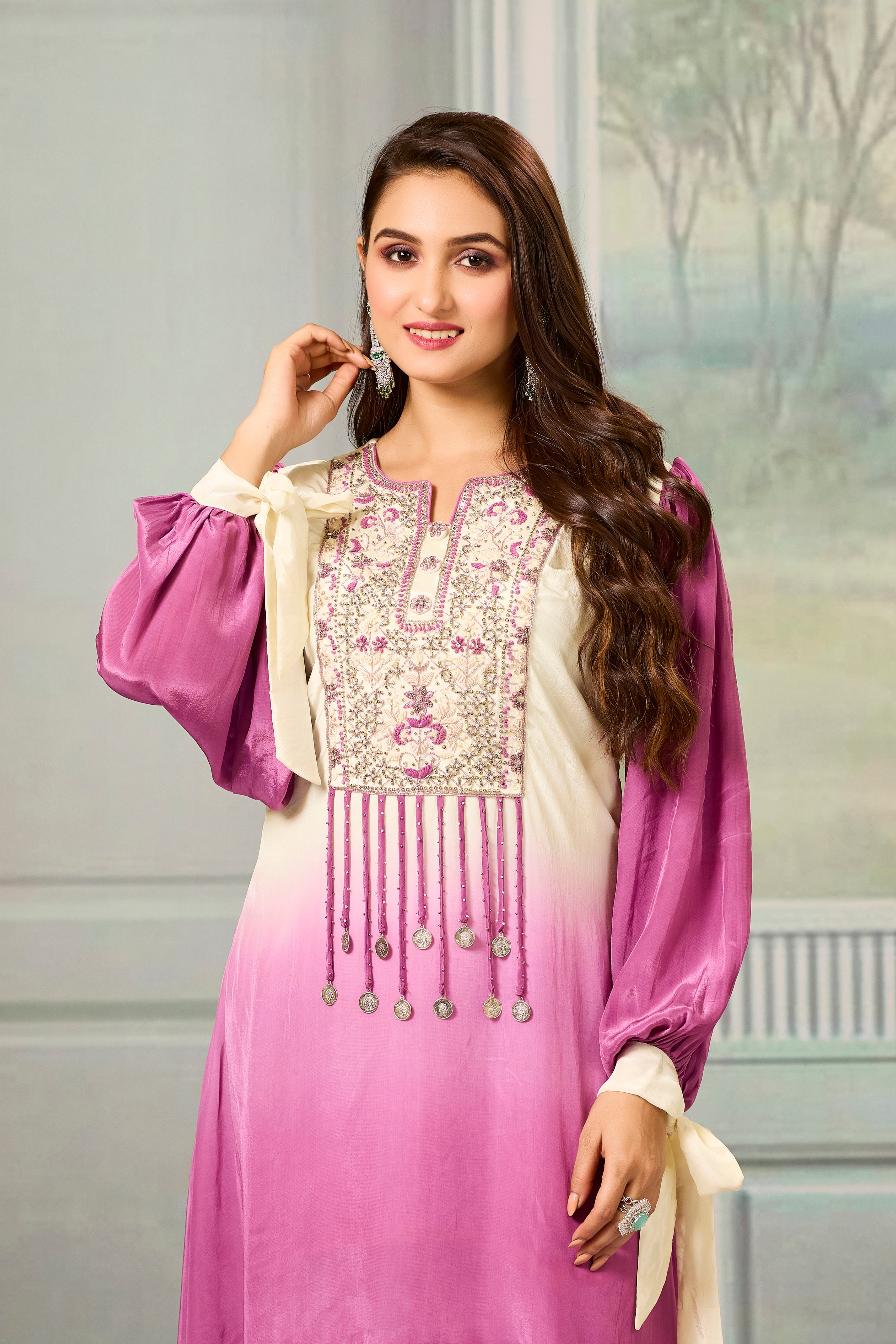 Cream Mauve Ombre-Dyed Crepe Silk Pant Set