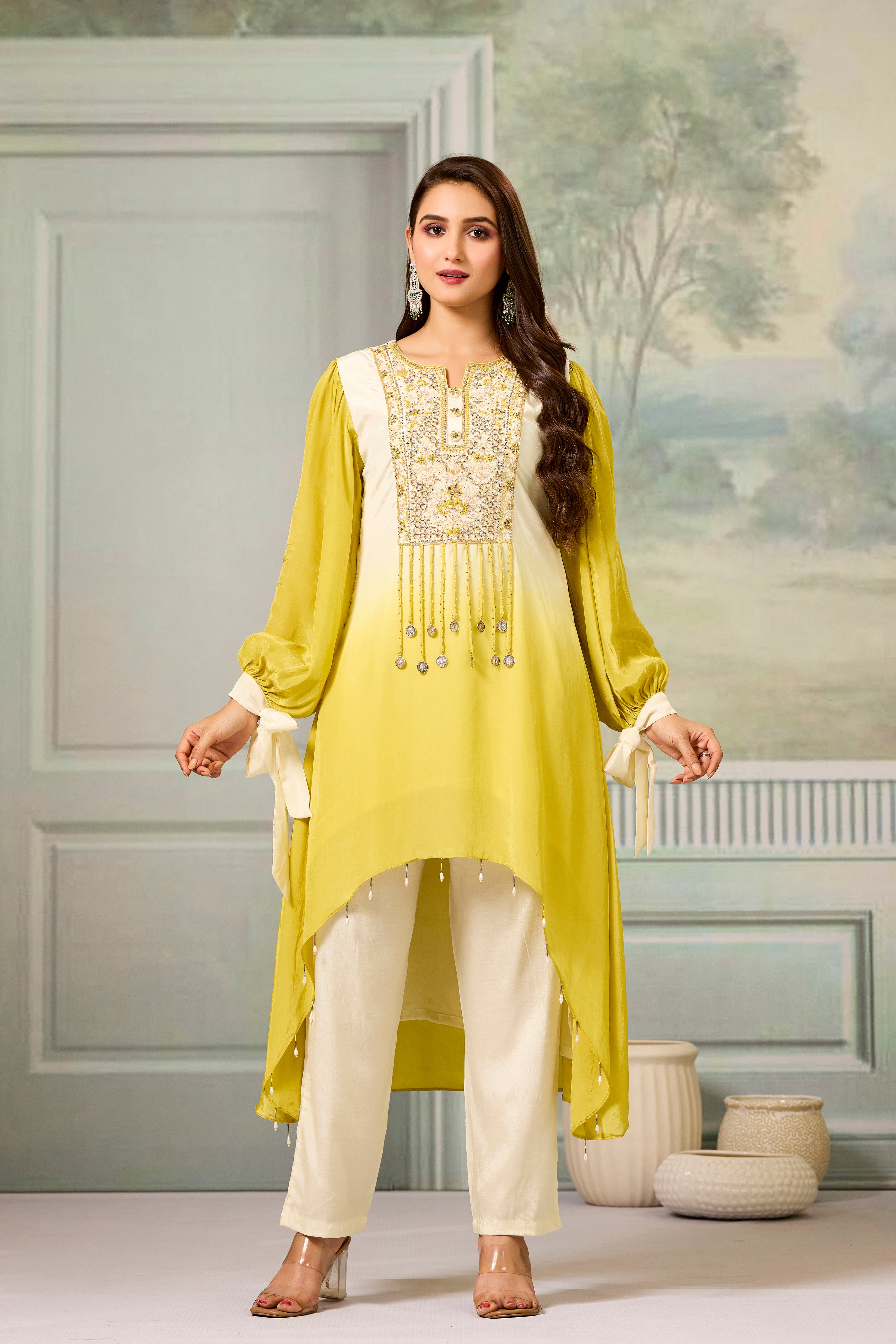 Cream Yellow Ombre-Dyed Crepe Silk Pant Set