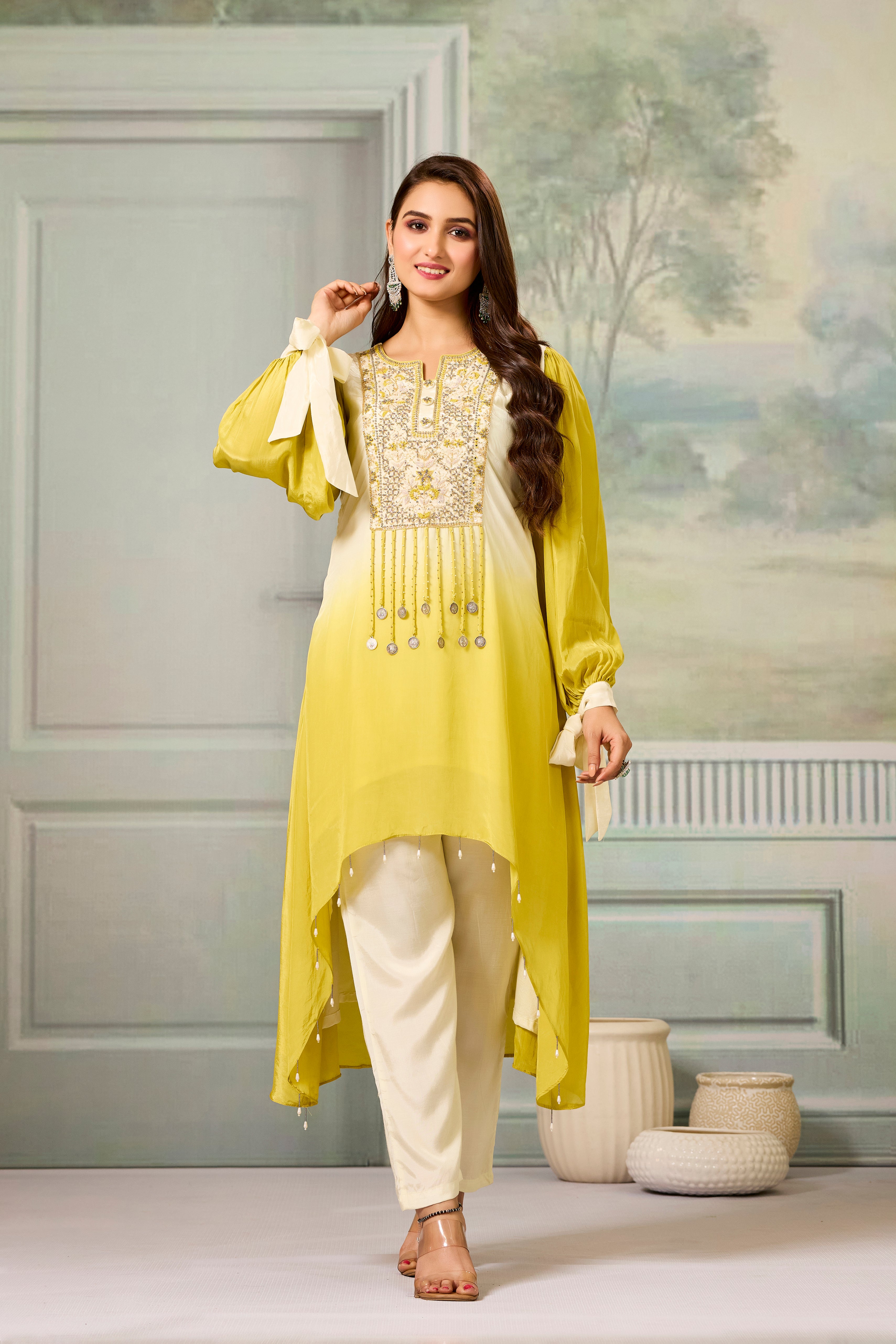 Cream Yellow Ombre-Dyed Crepe Silk Pant Set