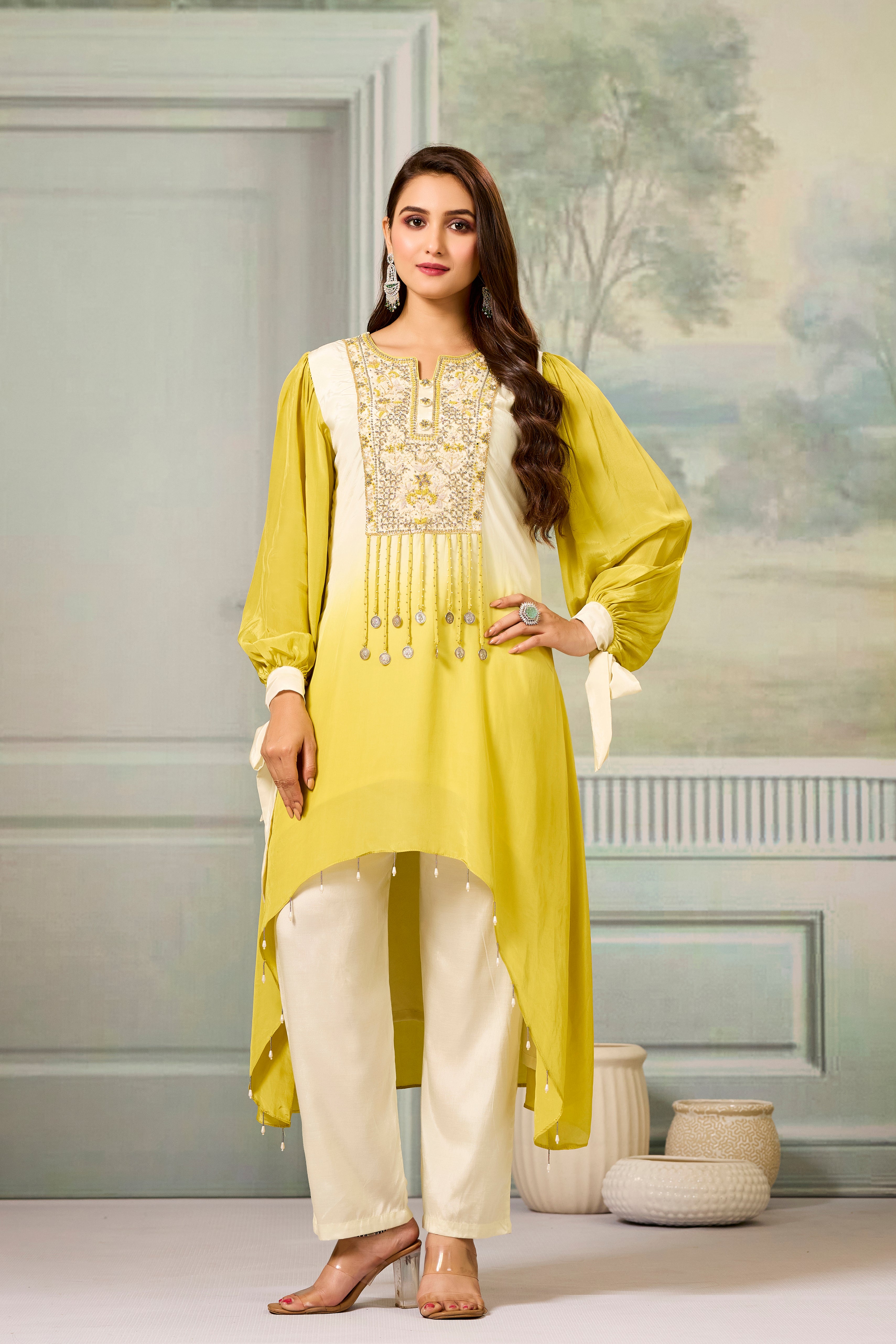 Cream Yellow Ombre-Dyed Crepe Silk Pant Set