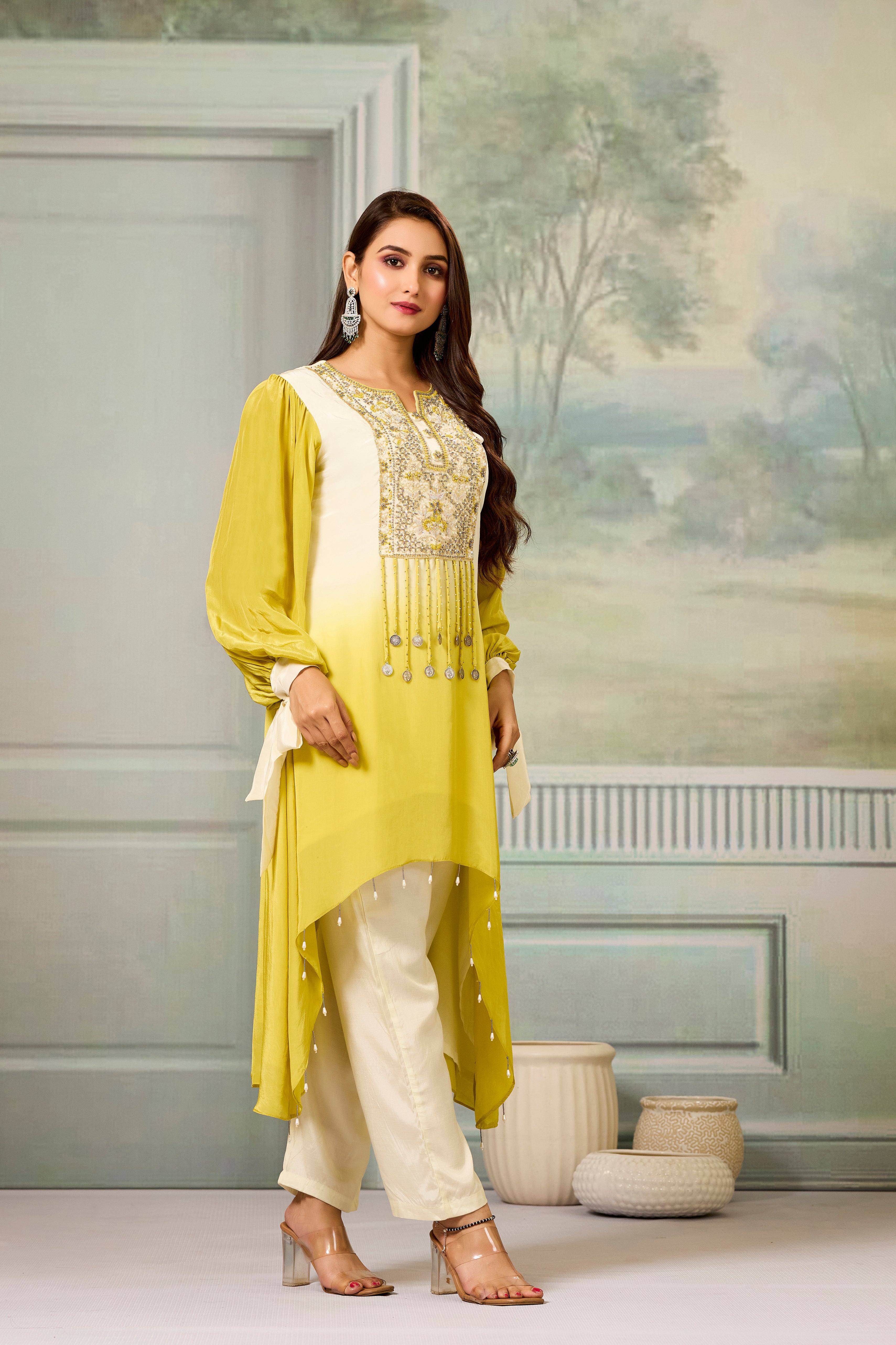 Cream Yellow Ombre-Dyed Crepe Silk Pant Set