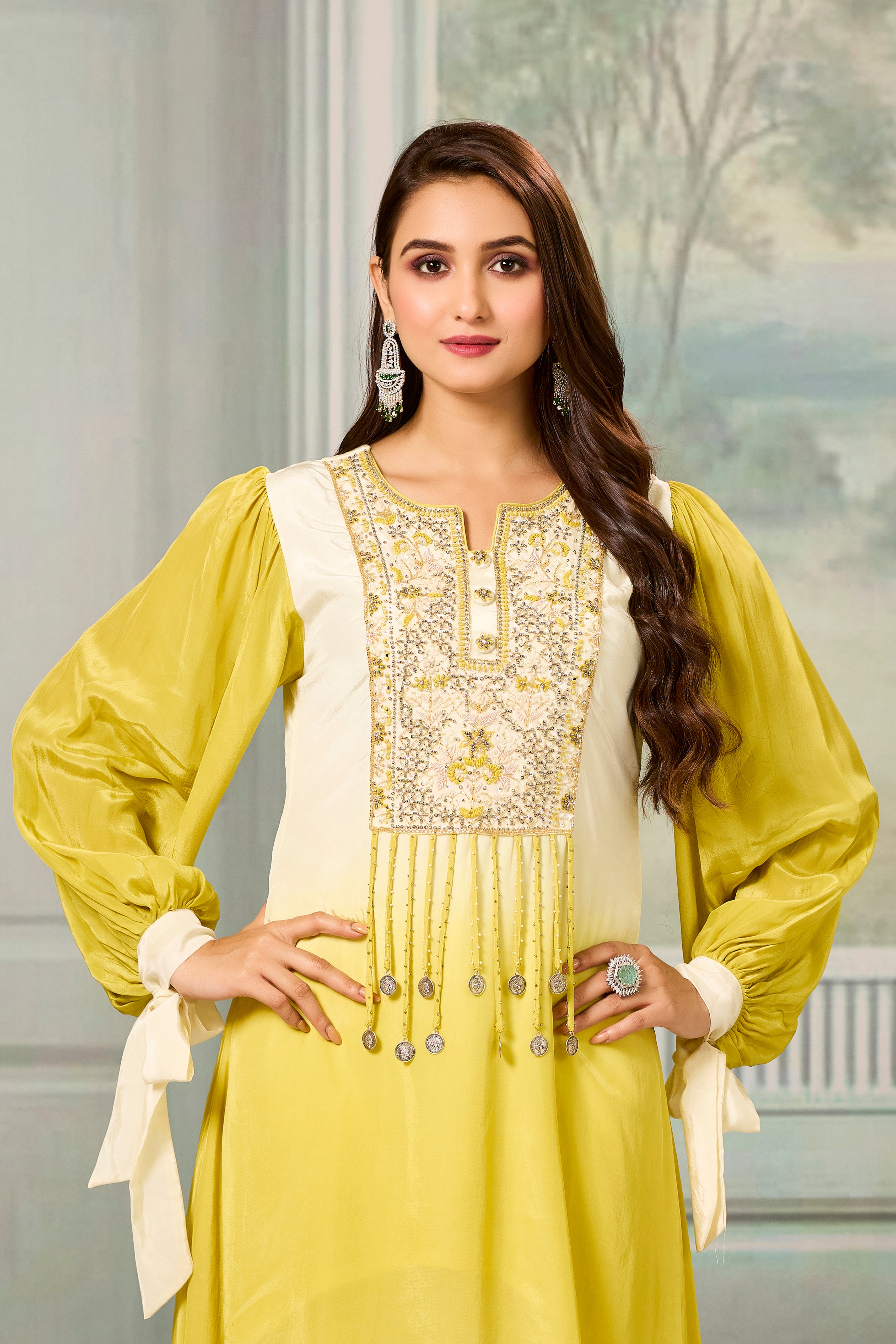 Cream Yellow Ombre-Dyed Crepe Silk Pant Set