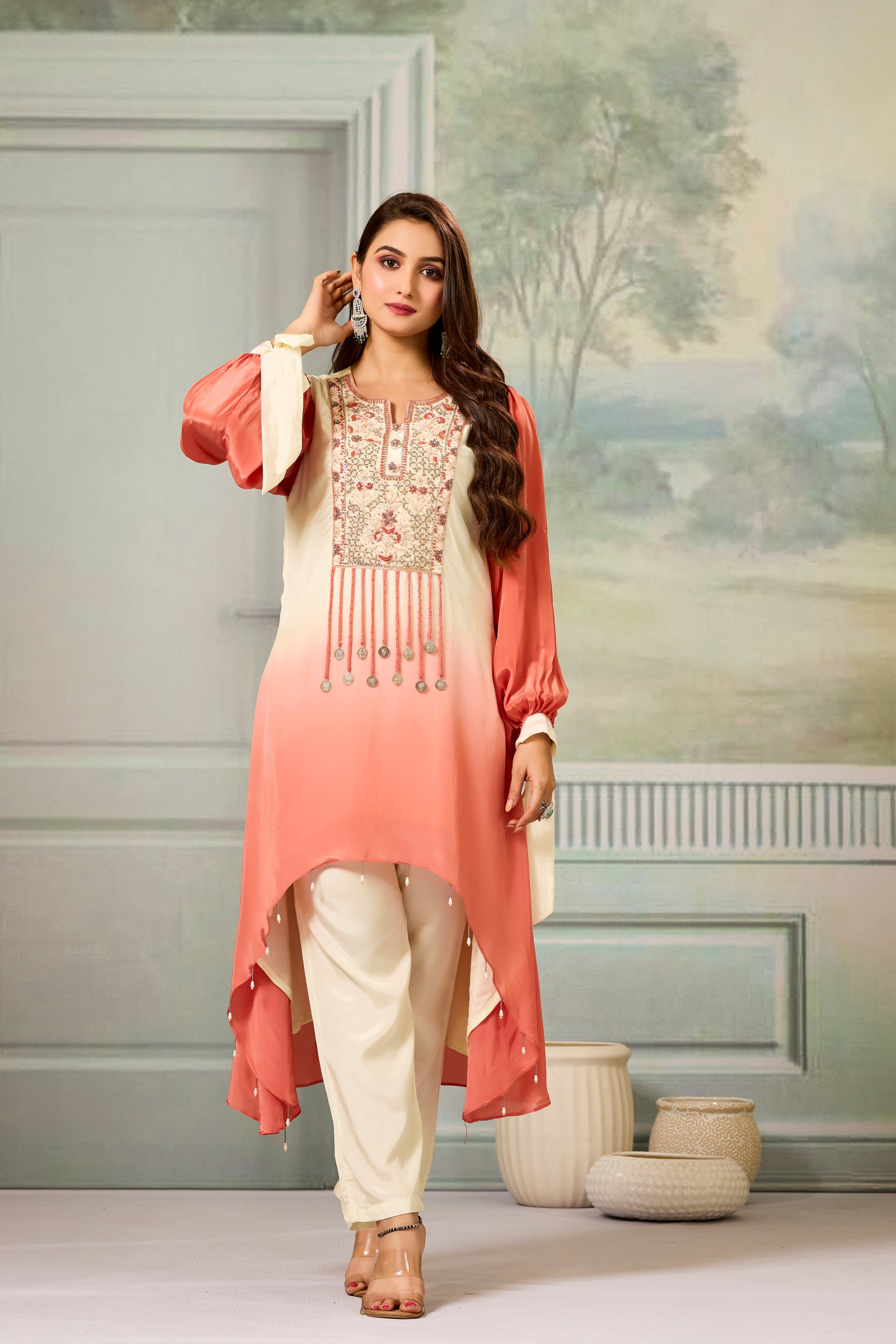 Cream Peach Ombre-Dyed Crepe Silk Pant Set