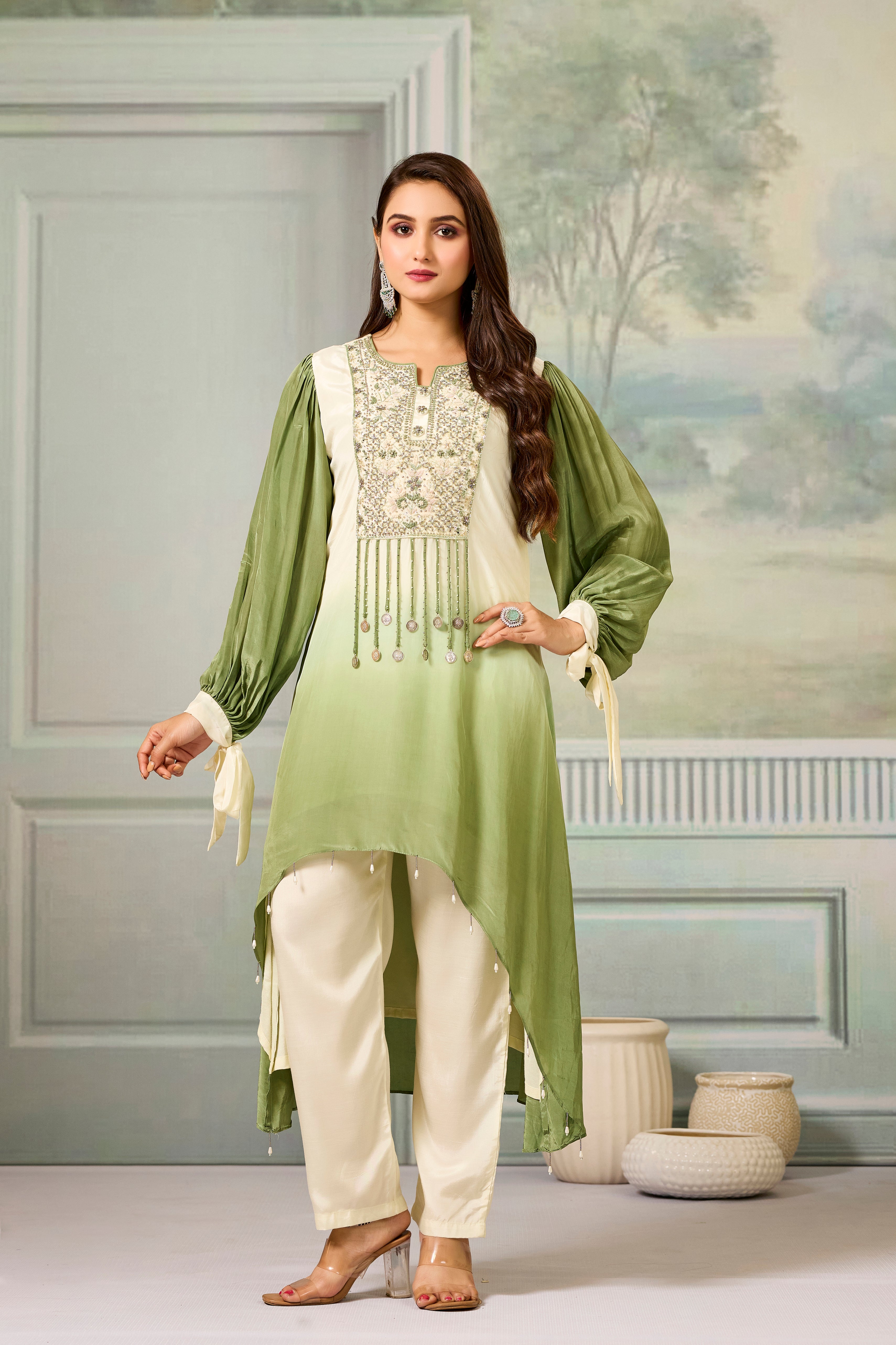 Cream Green Ombre-Dyed Crepe Silk Pant Set