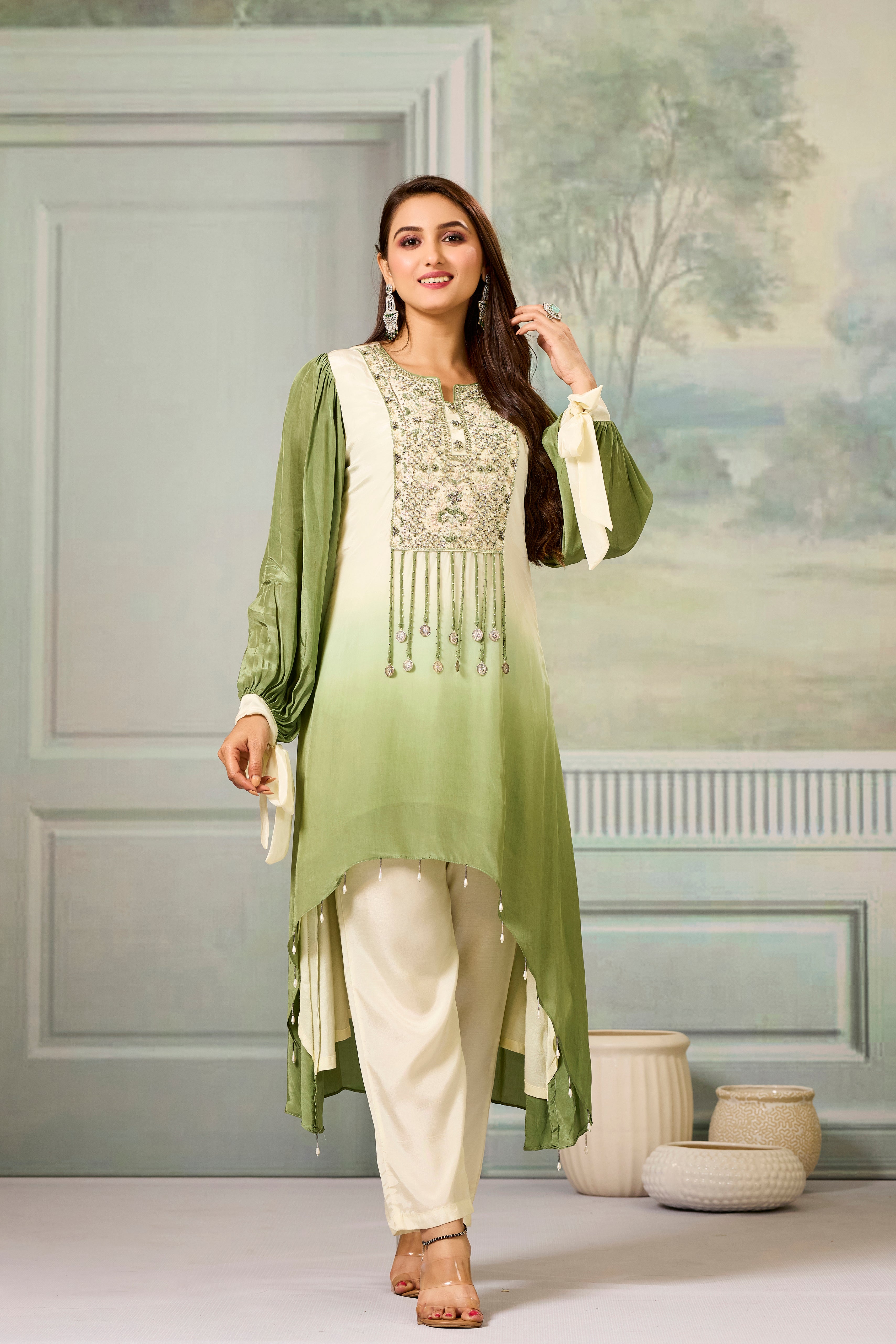 Cream Green Ombre-Dyed Crepe Silk Pant Set