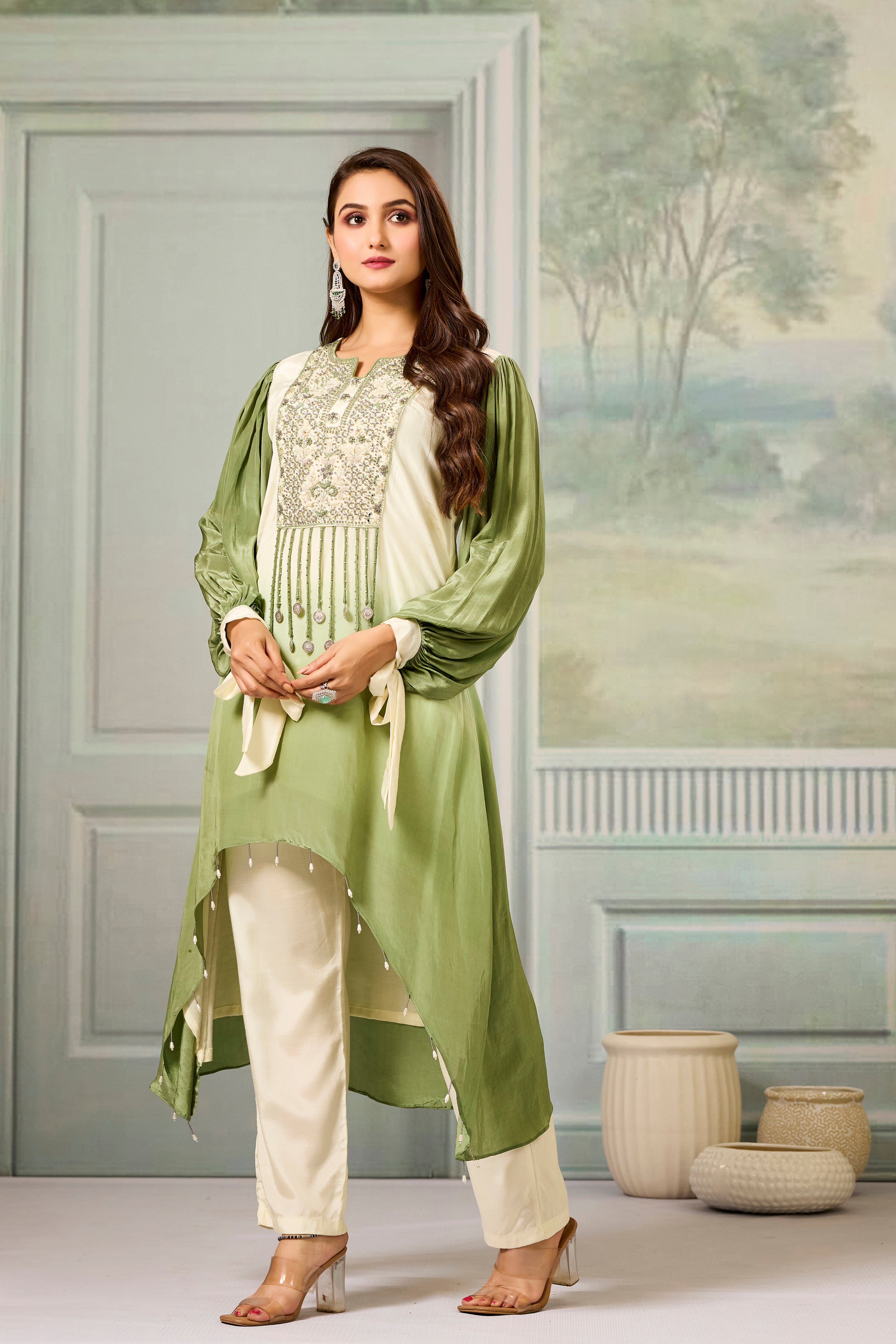 Cream Green Ombre-Dyed Crepe Silk Pant Set