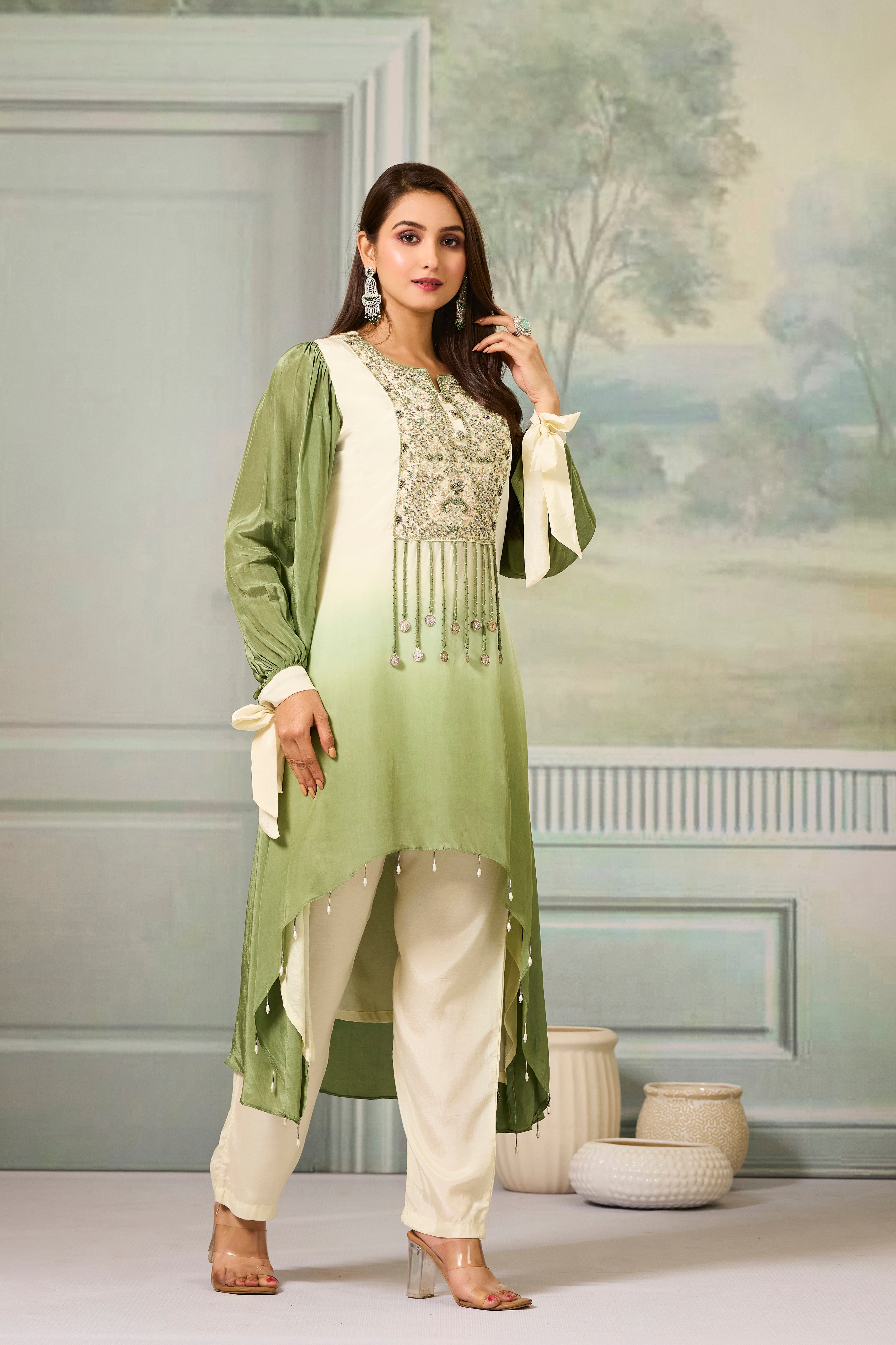 Cream Green Ombre-Dyed Crepe Silk Pant Set