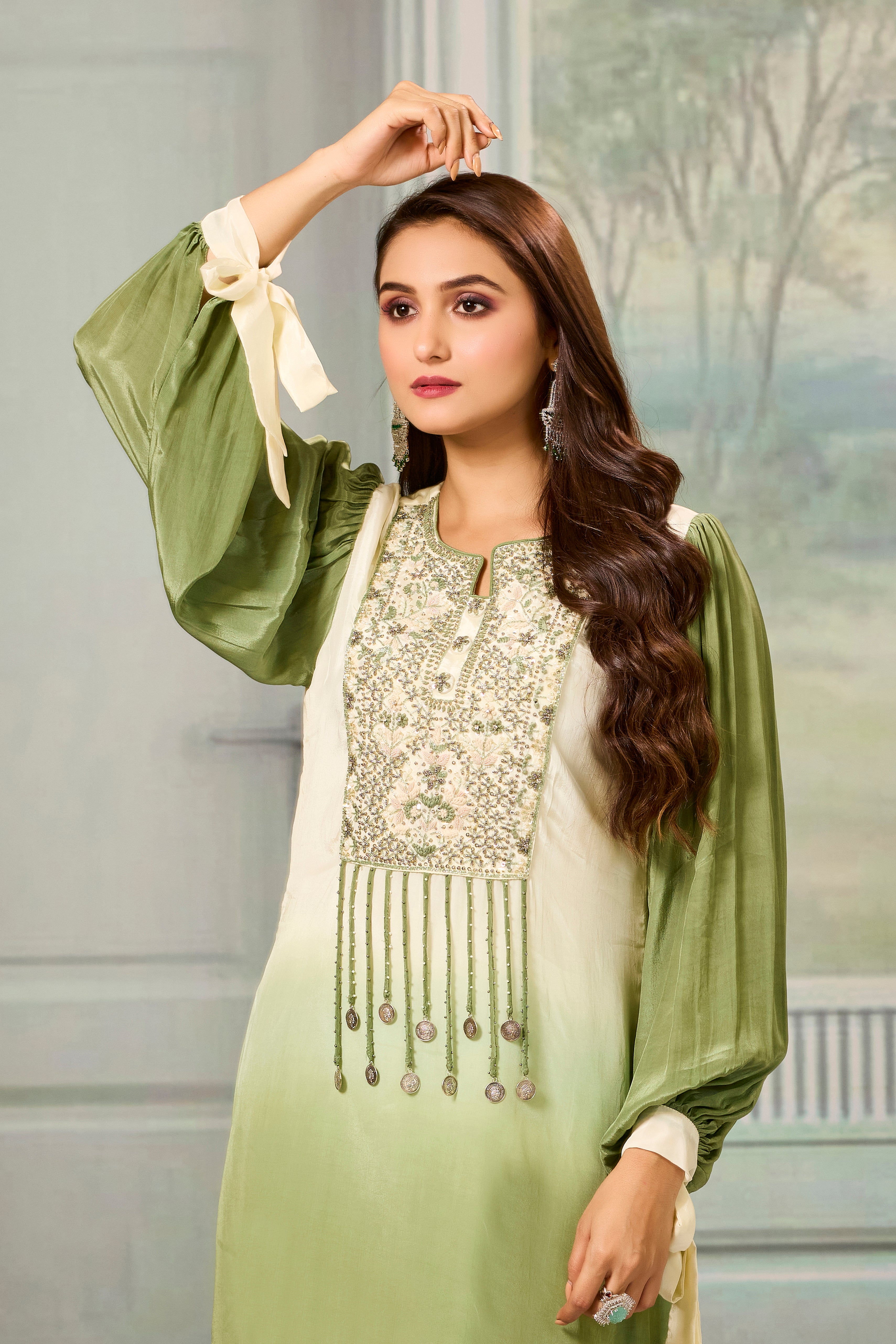 Cream Green Ombre-Dyed Crepe Silk Pant Set