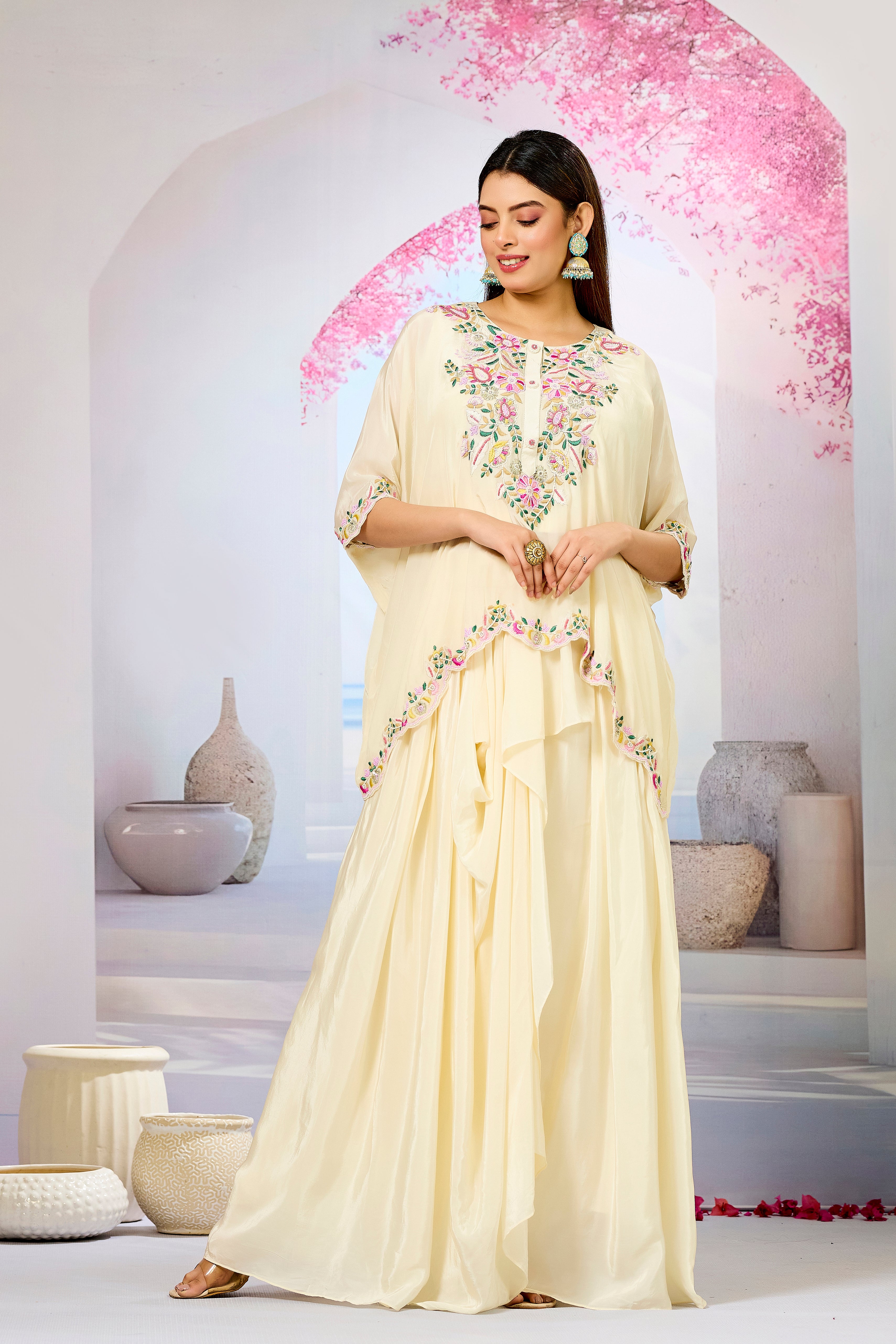 Cream Embellished Crepe Silk Skirt Set