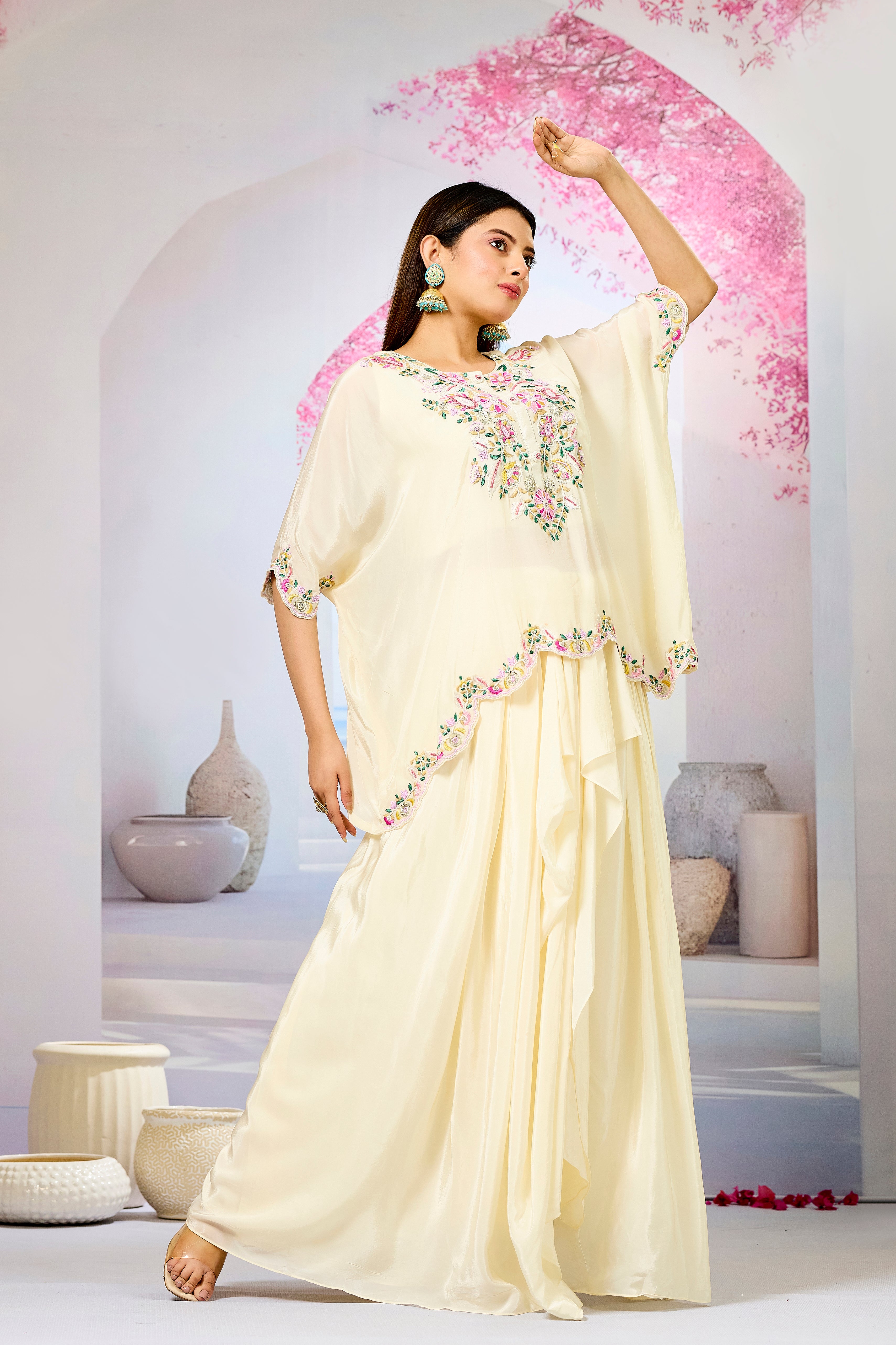 Cream Embellished Crepe Silk Skirt Set