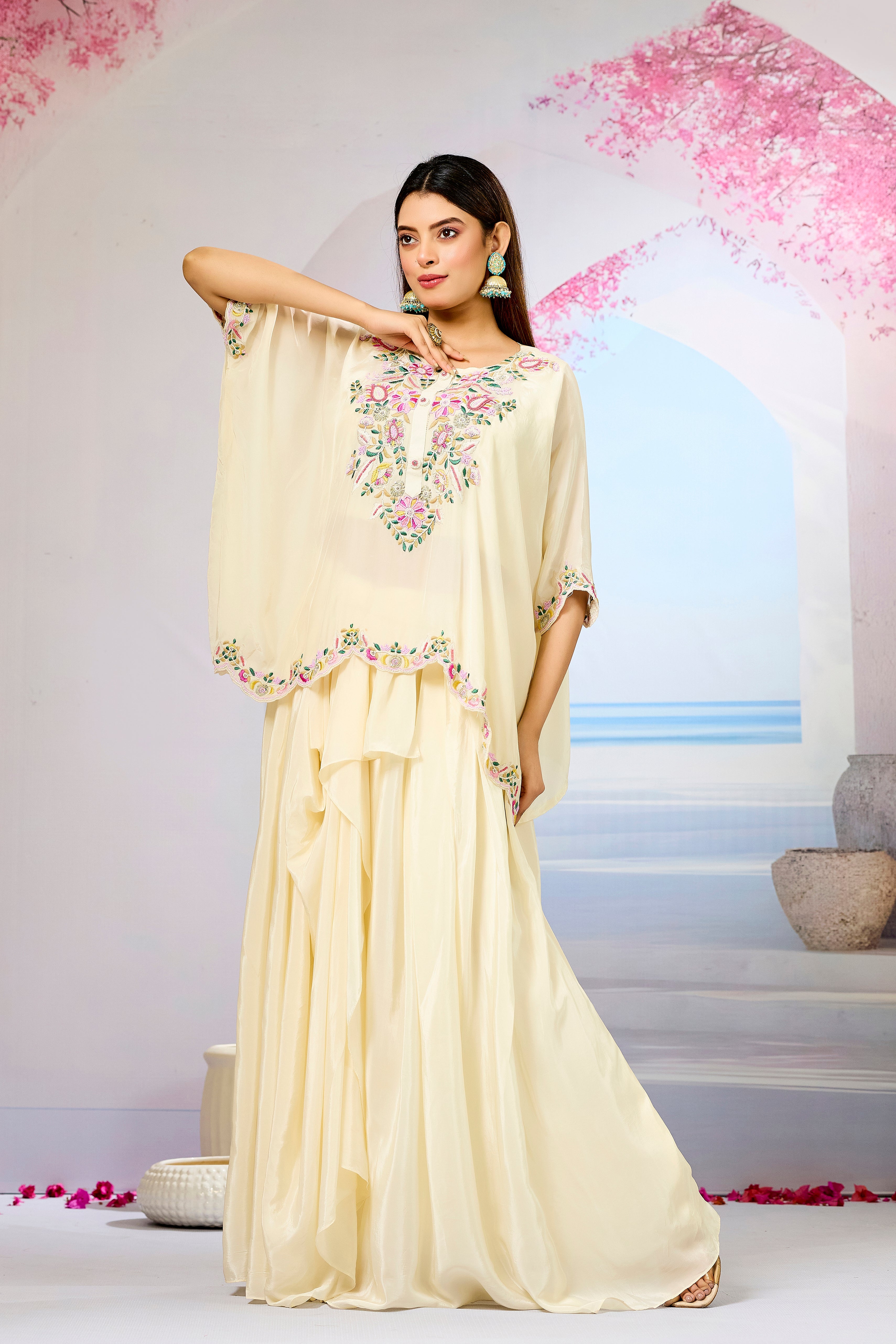 Cream Embellished Crepe Silk Skirt Set