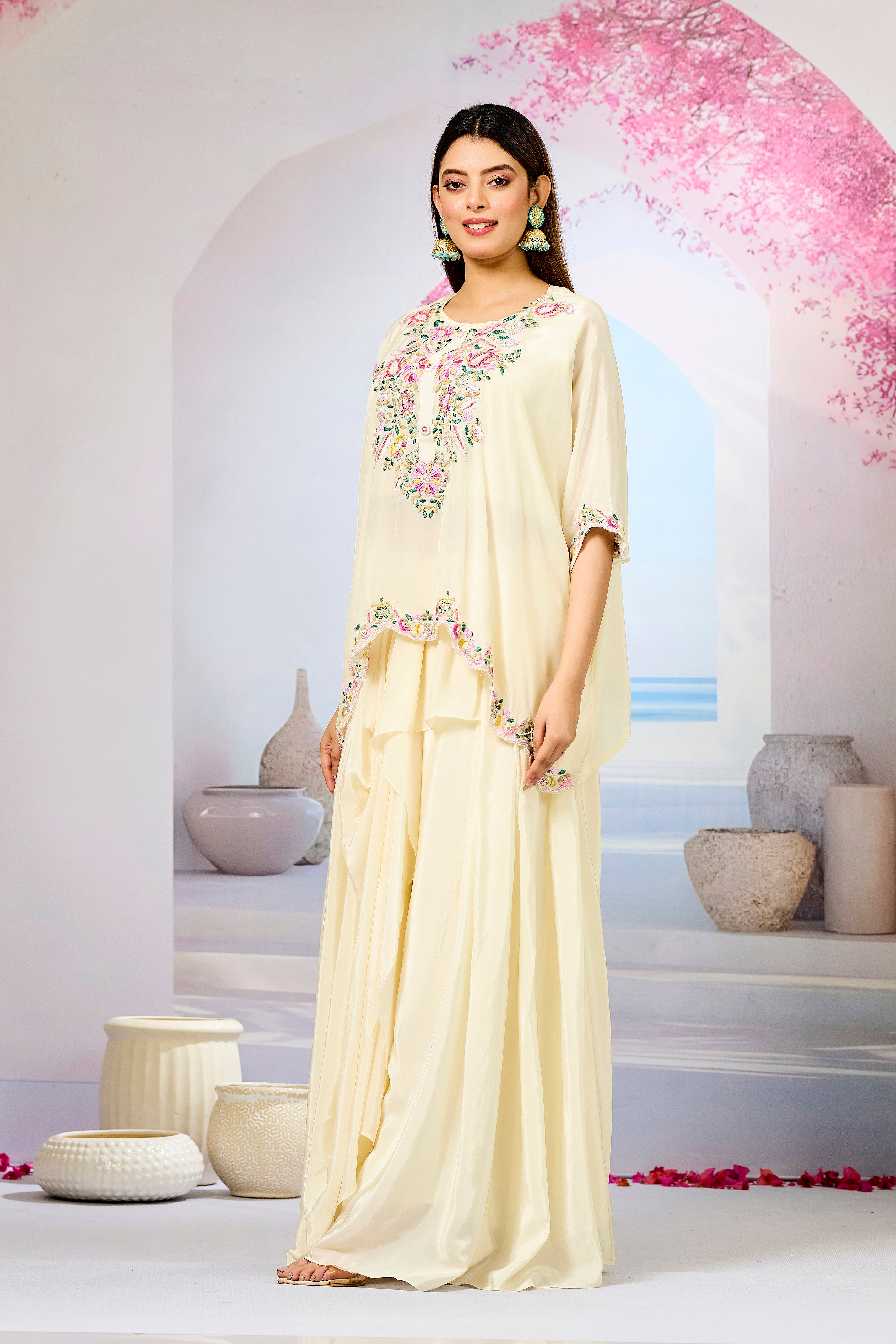 Cream Embellished Crepe Silk Skirt Set