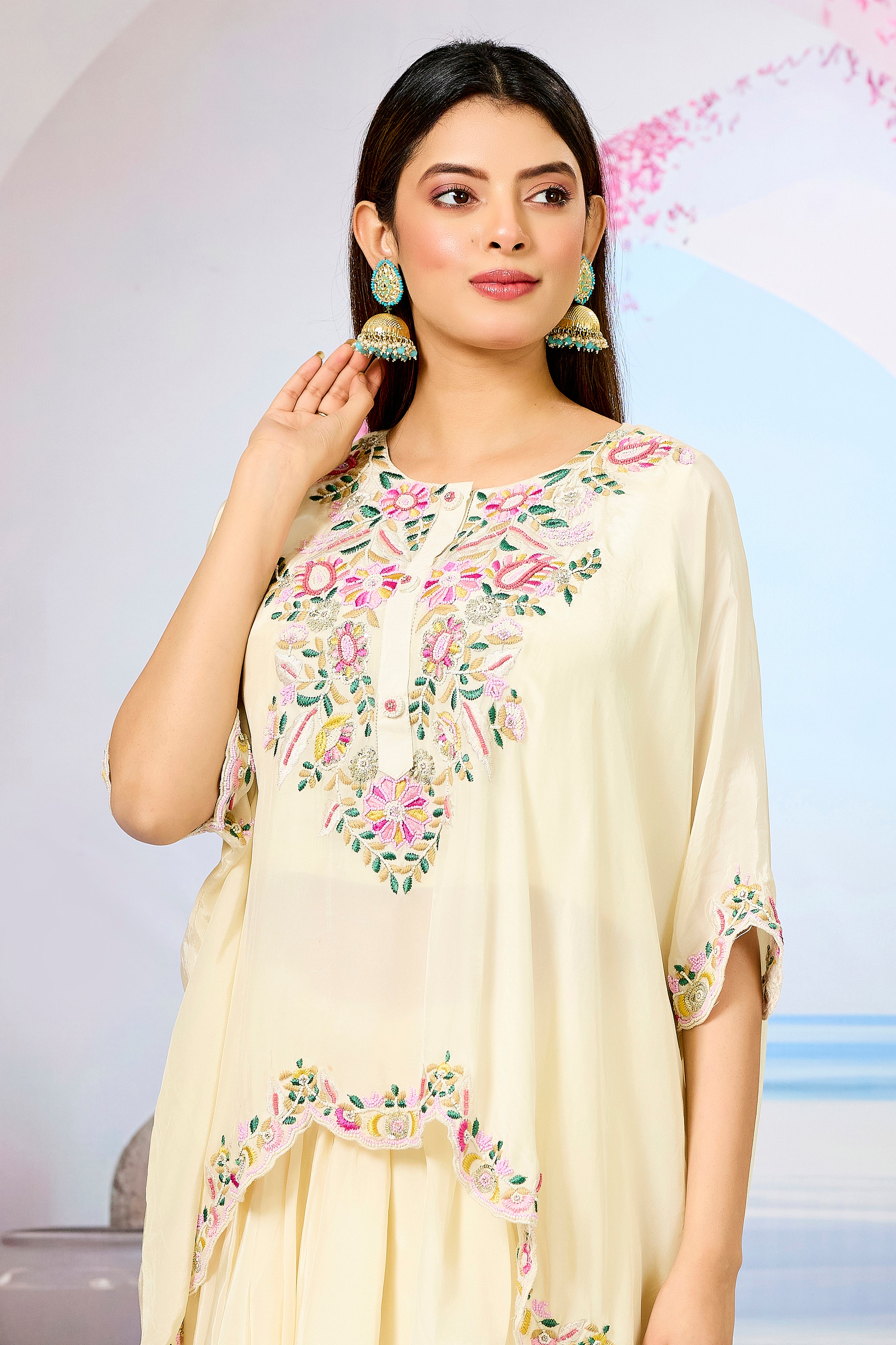 Cream Embellished Crepe Silk Skirt Set