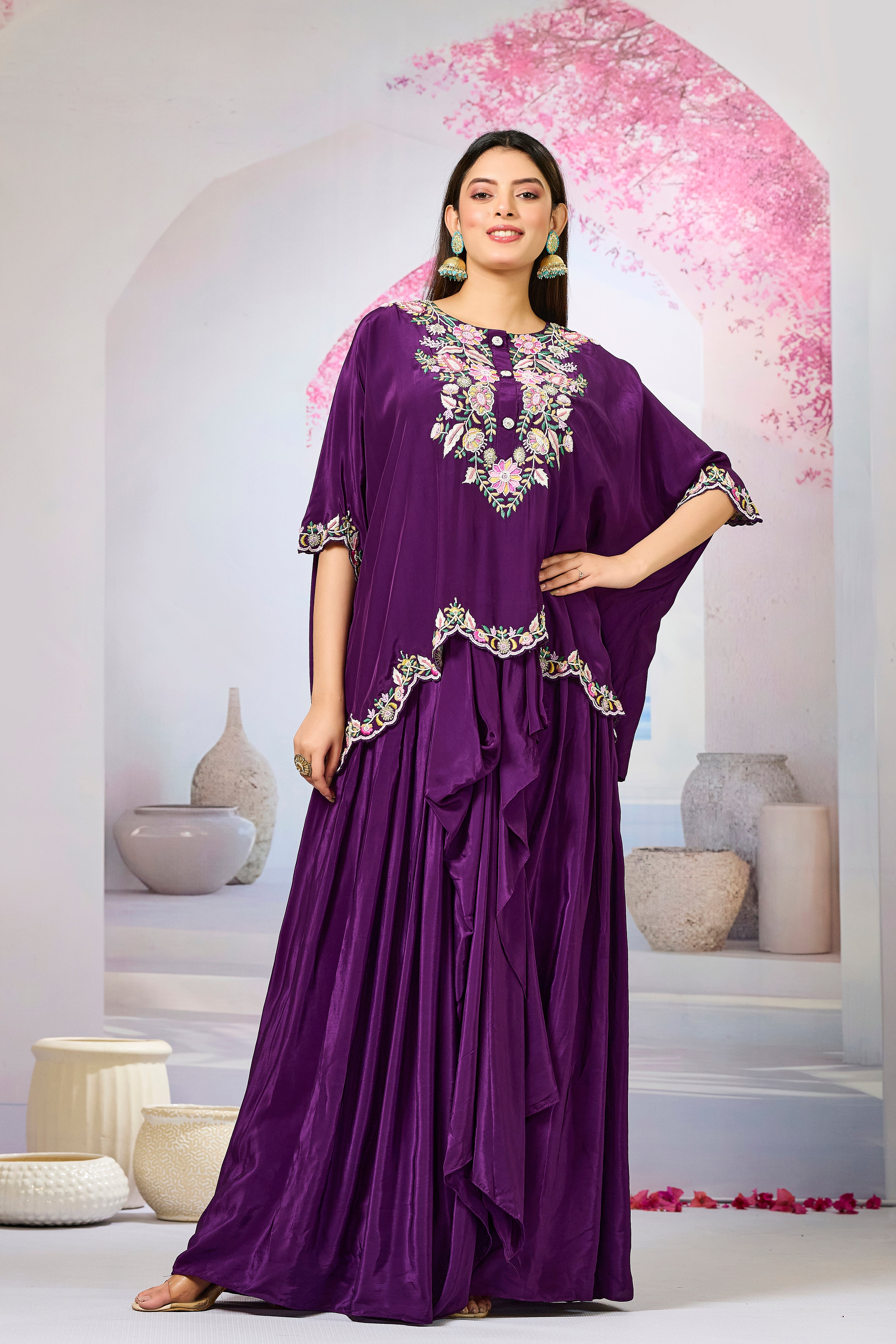 Purple Embellished Crepe Silk Skirt Set