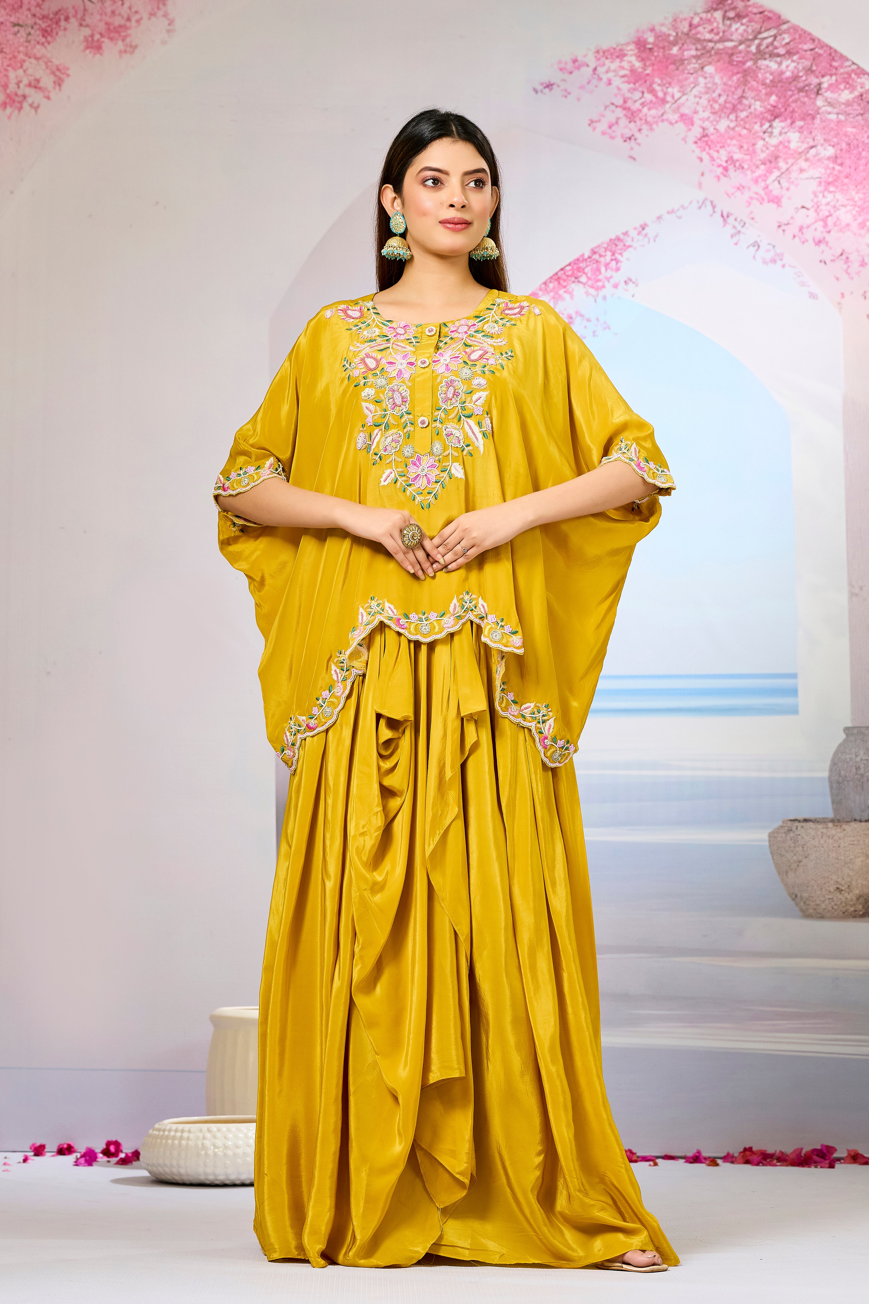 Yellow Embellished Crepe Silk Skirt Set