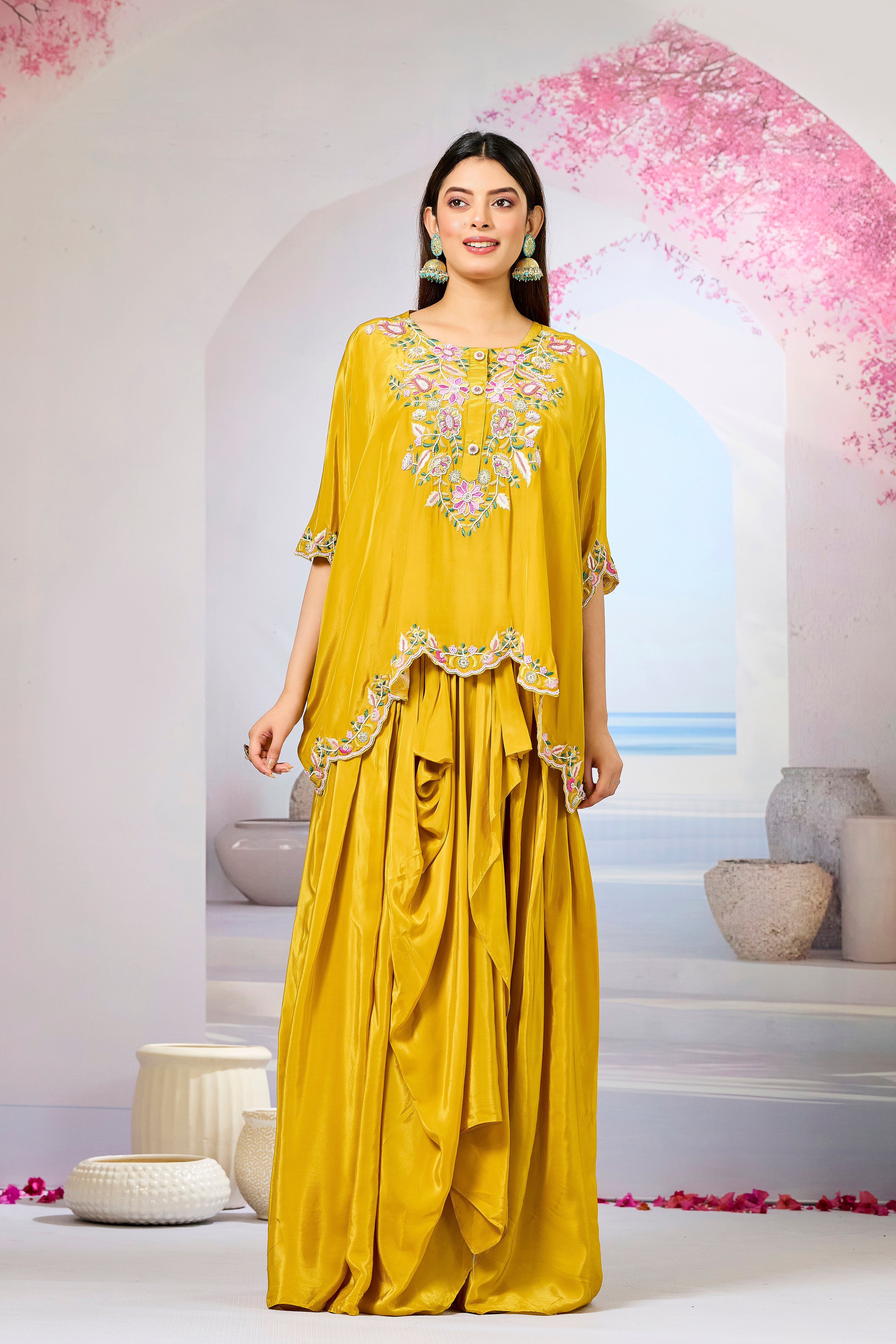 Yellow Embellished Crepe Silk Skirt Set