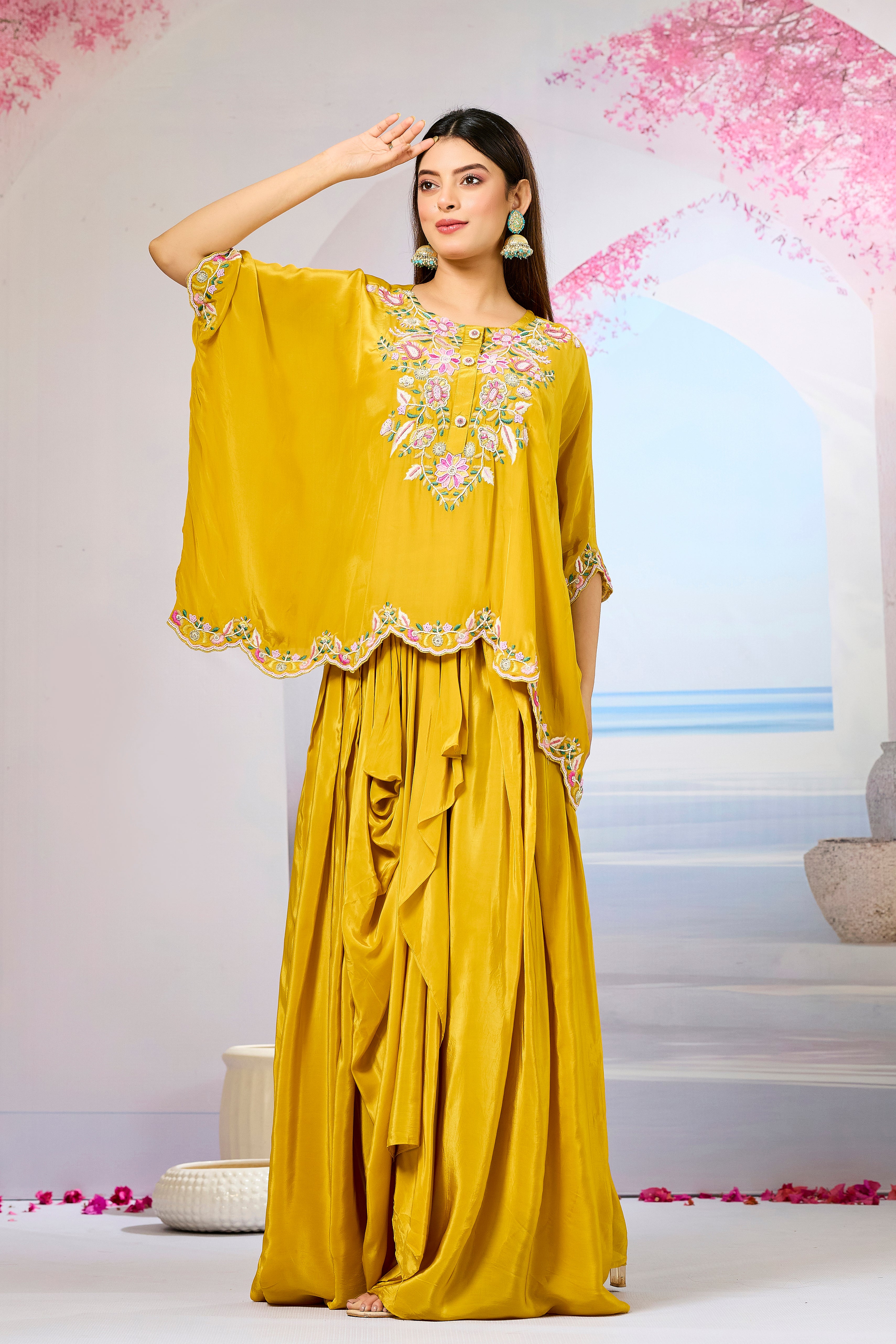 Yellow Embellished Crepe Silk Skirt Set