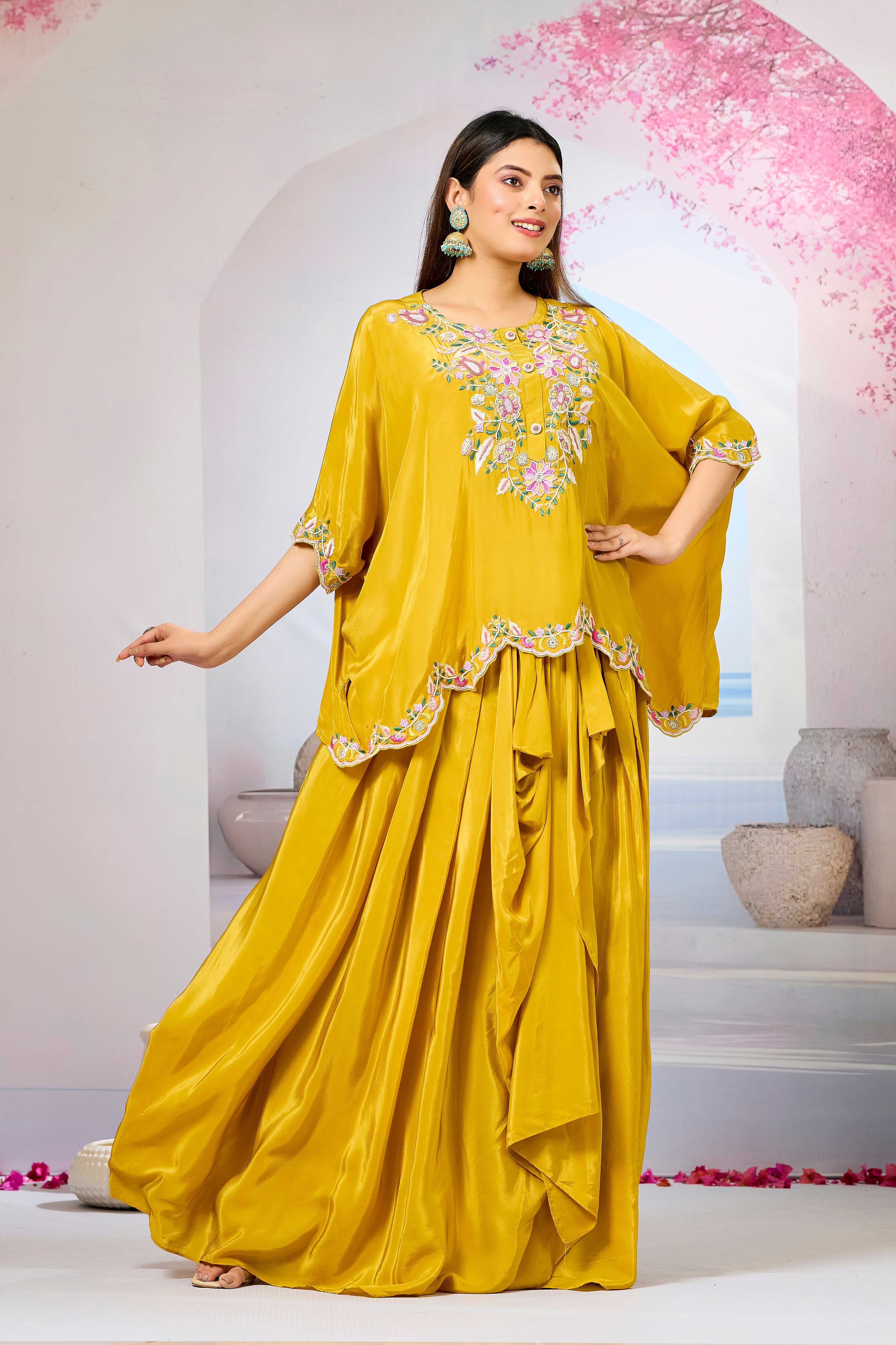Yellow Embellished Crepe Silk Skirt Set