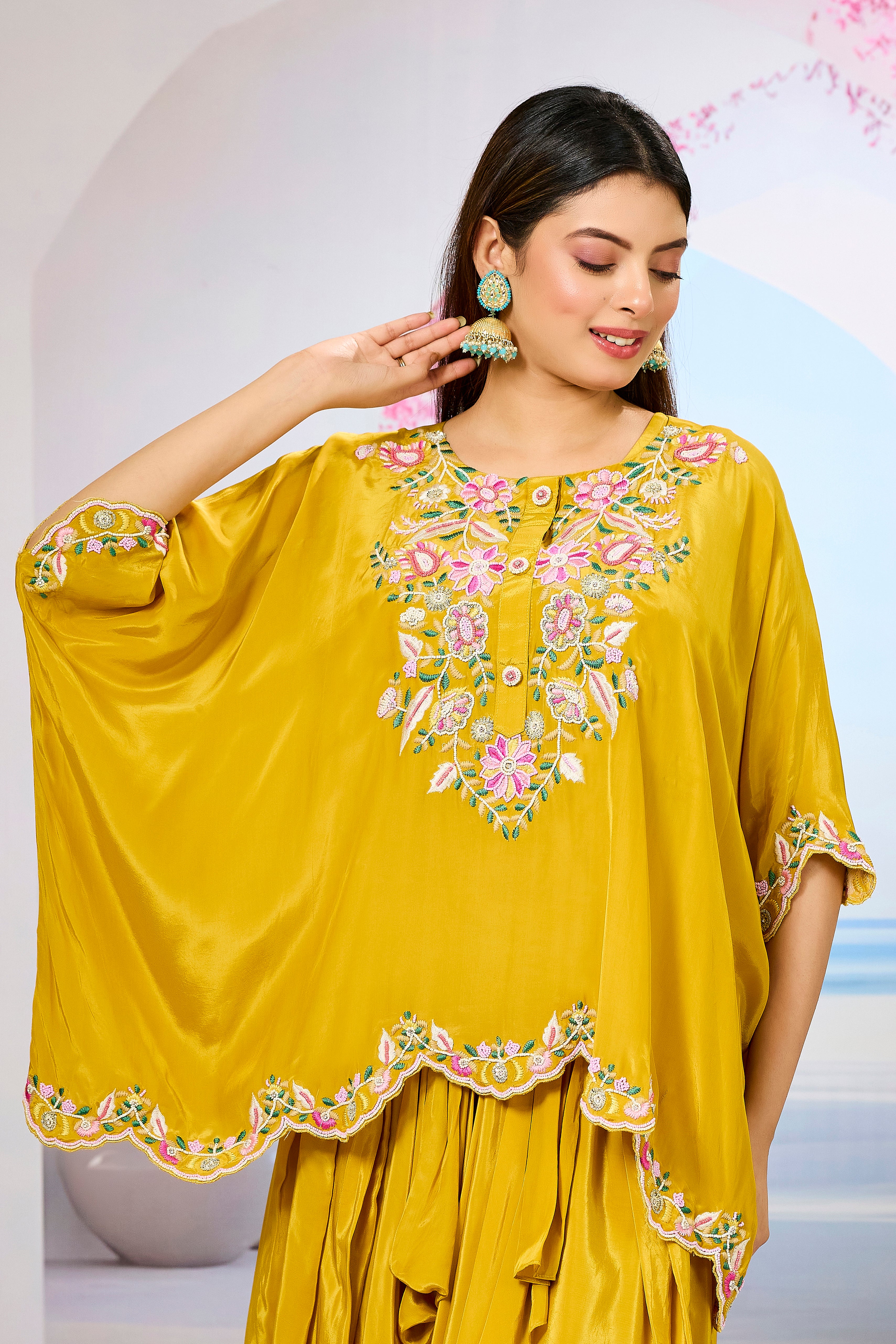 Yellow Embellished Crepe Silk Skirt Set