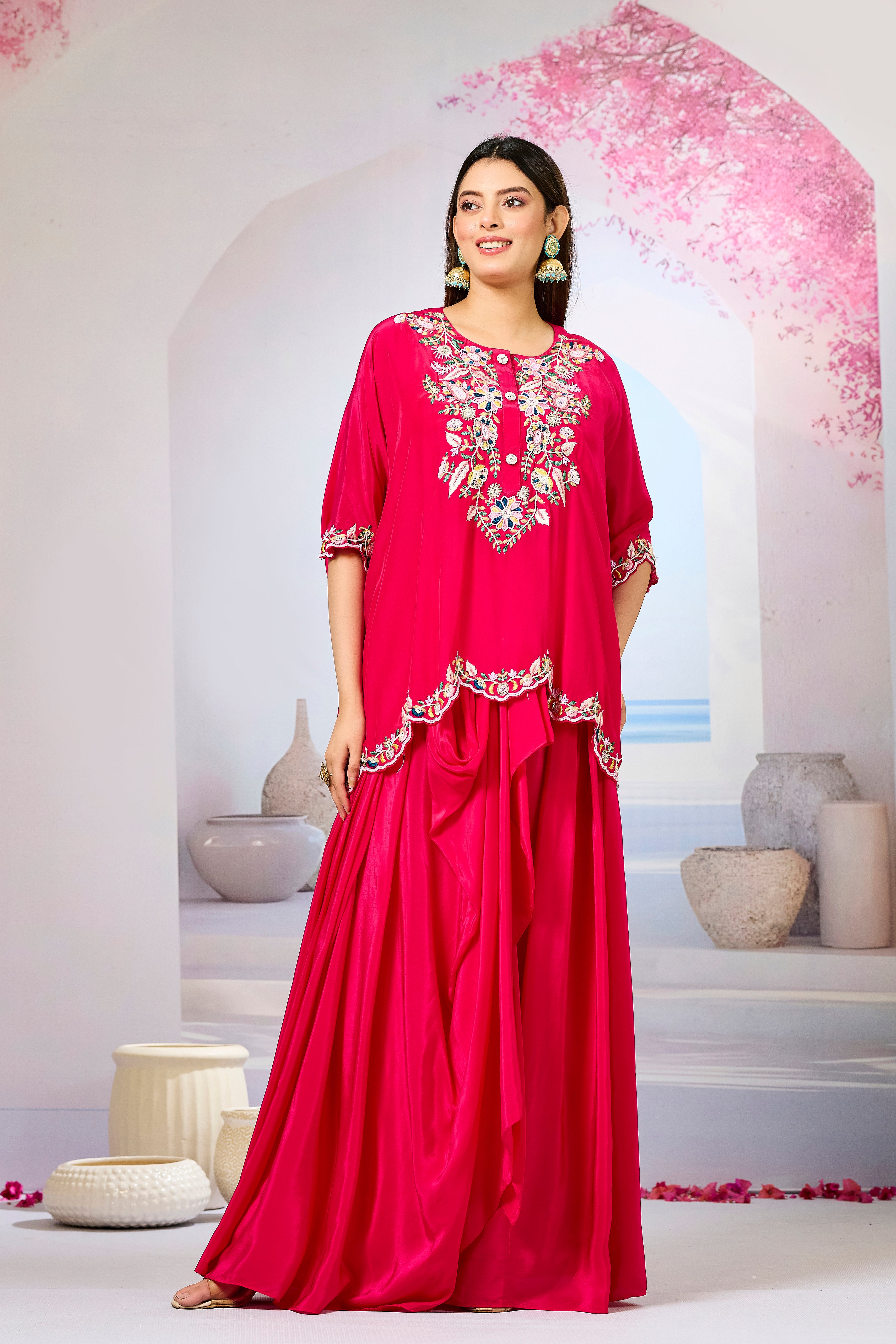 Red Embellished Crepe Silk Skirt Set