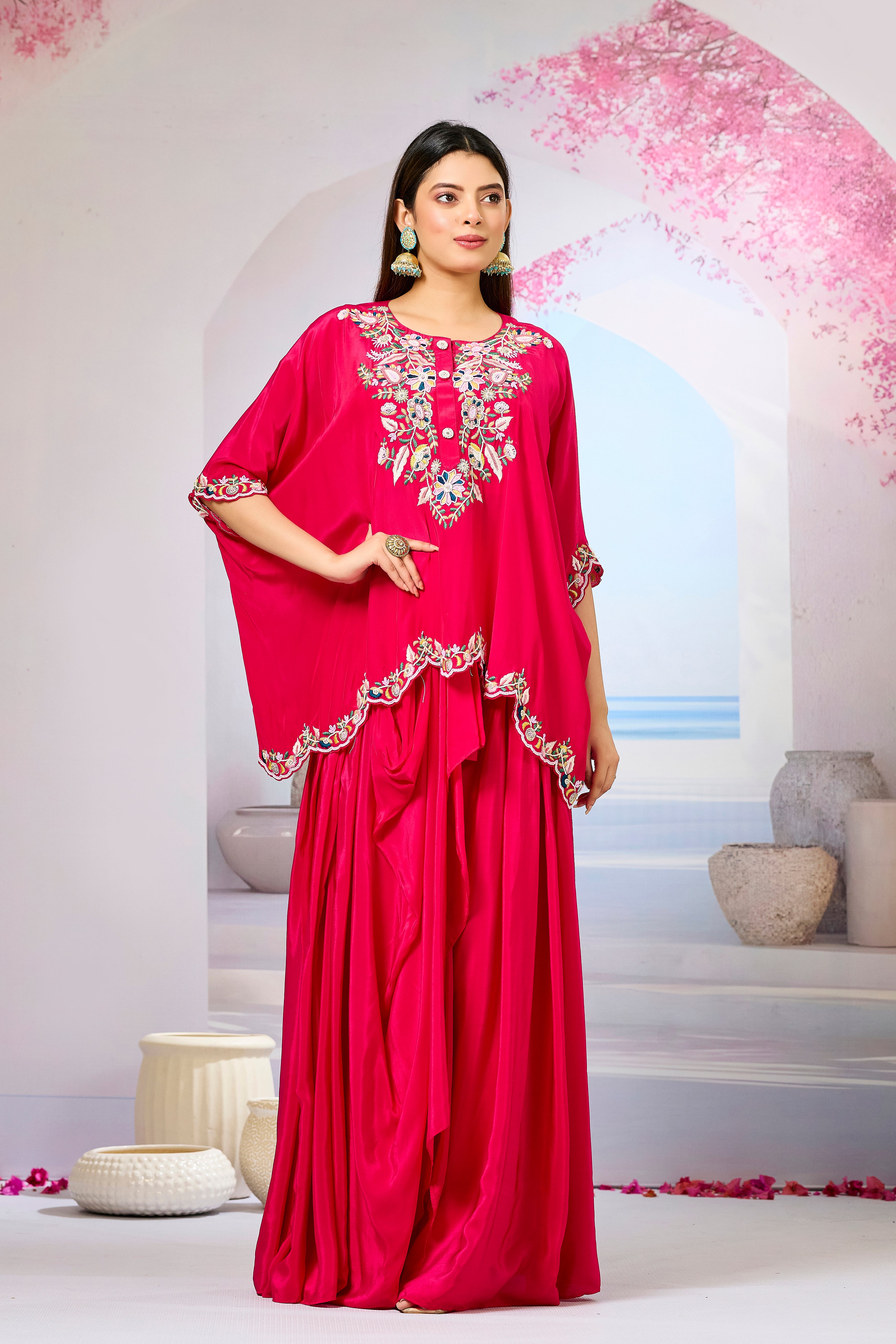 Red Embellished Crepe Silk Skirt Set