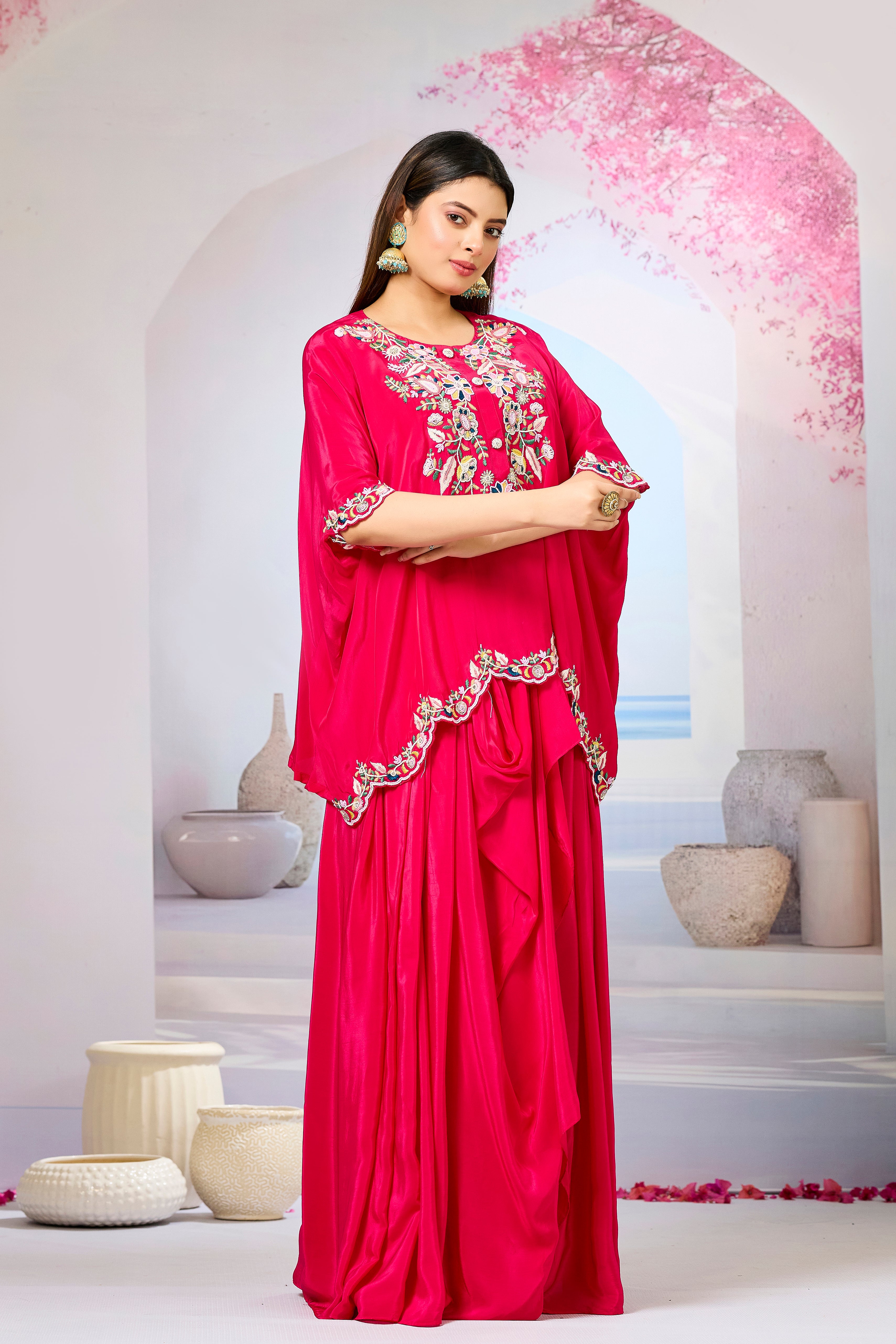 Red Embellished Crepe Silk Skirt Set