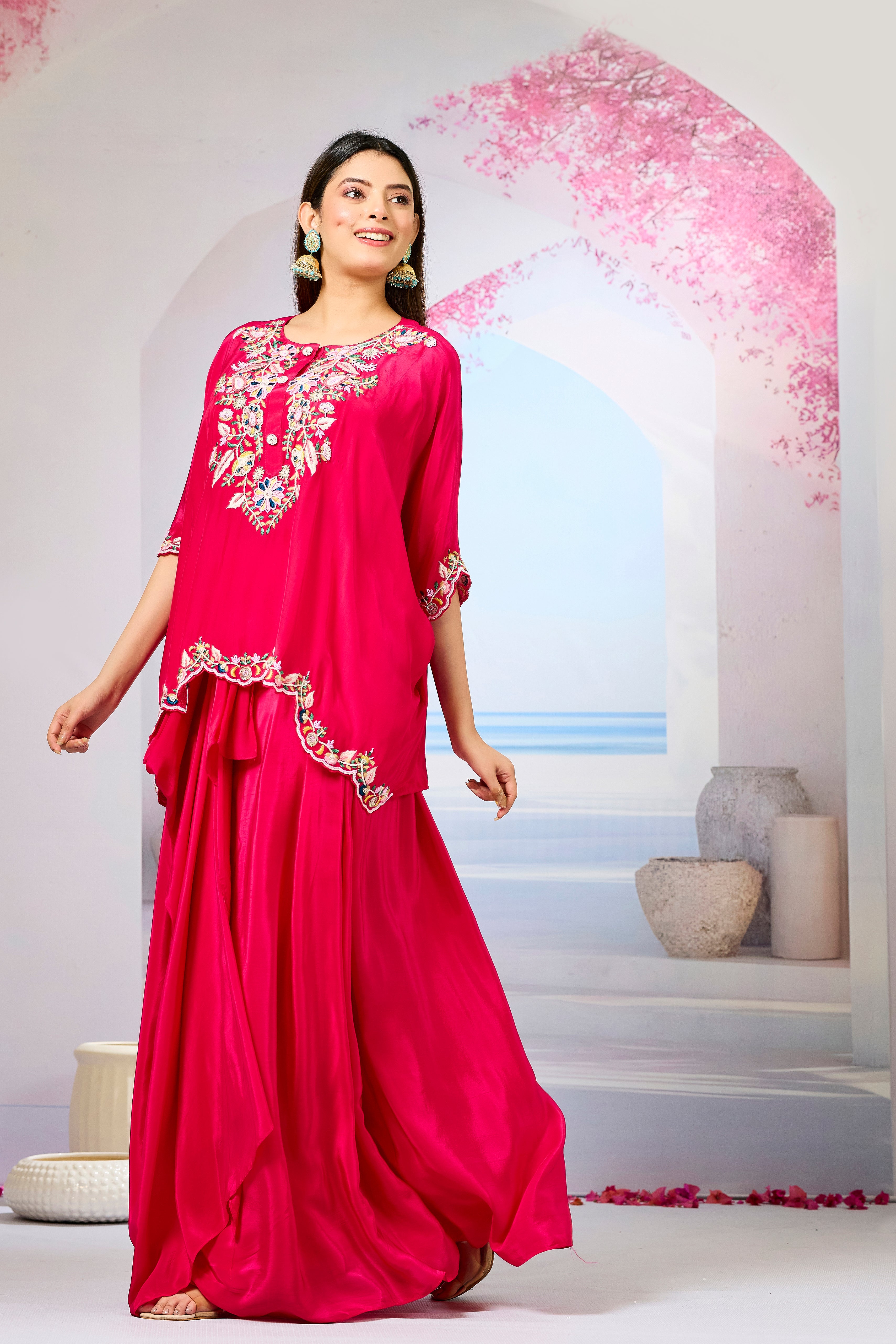 Red Embellished Crepe Silk Skirt Set