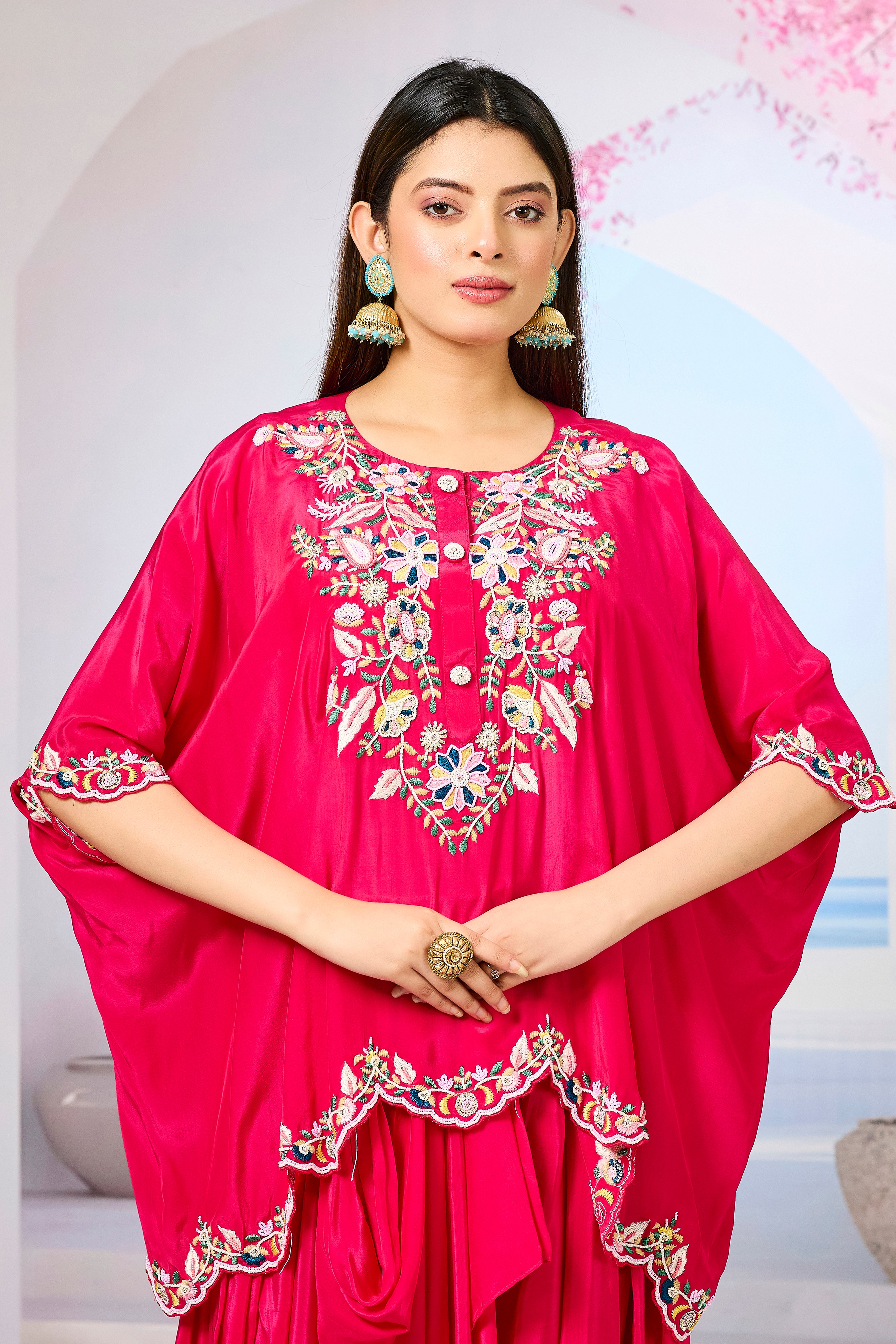 Red Embellished Crepe Silk Skirt Set