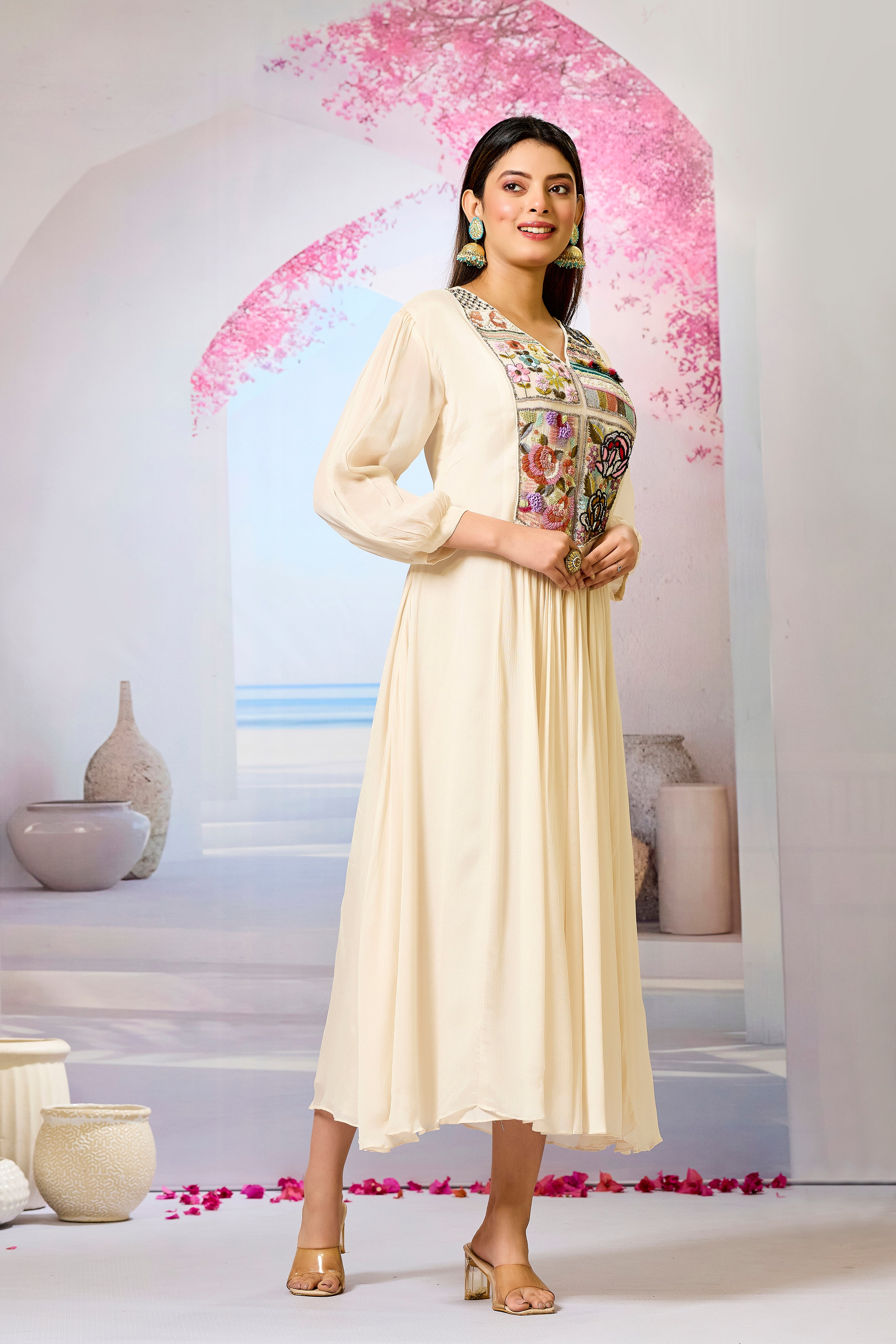 Cream Embellished Chinon Silk Dress