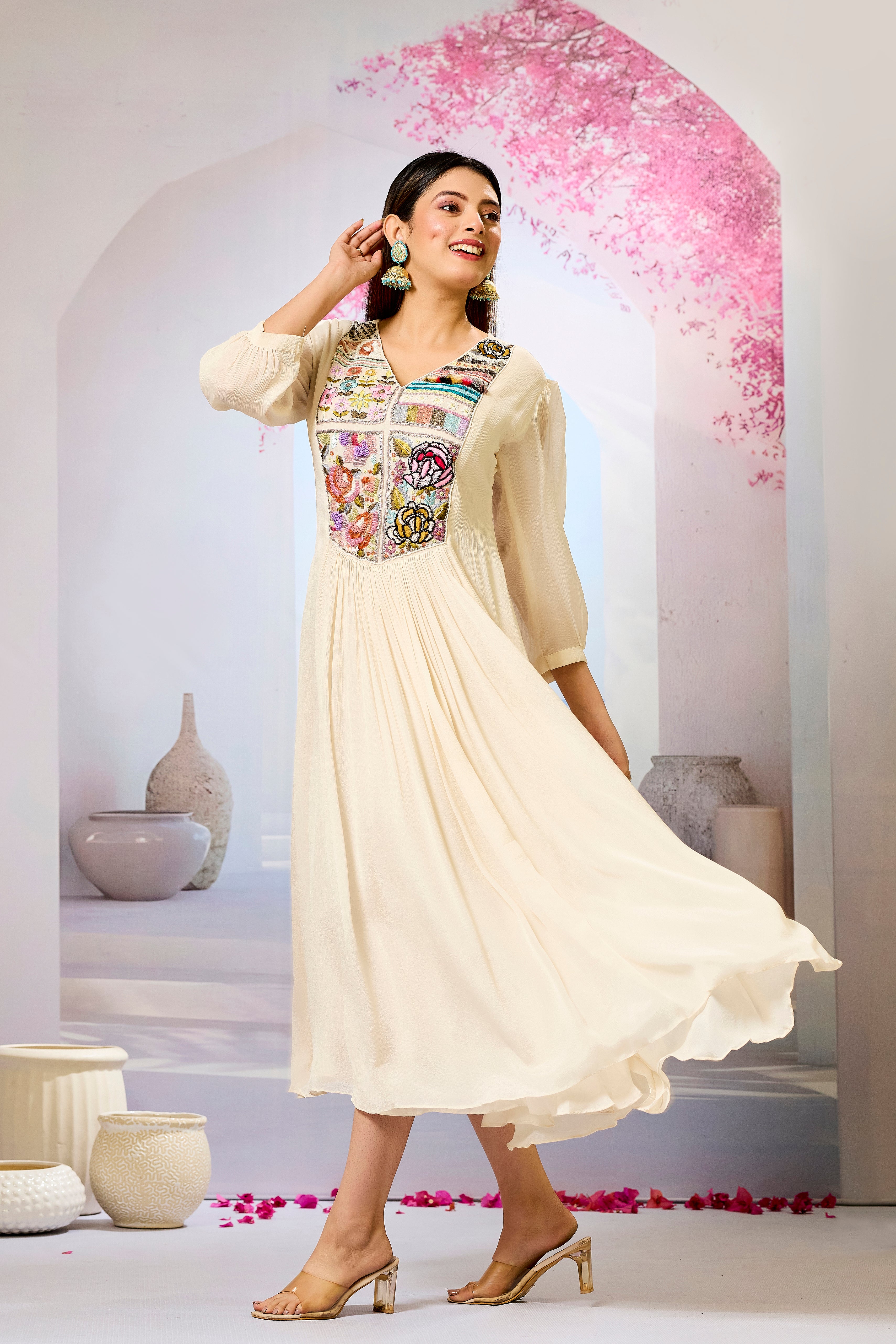 Cream Embellished Chinon Silk Dress