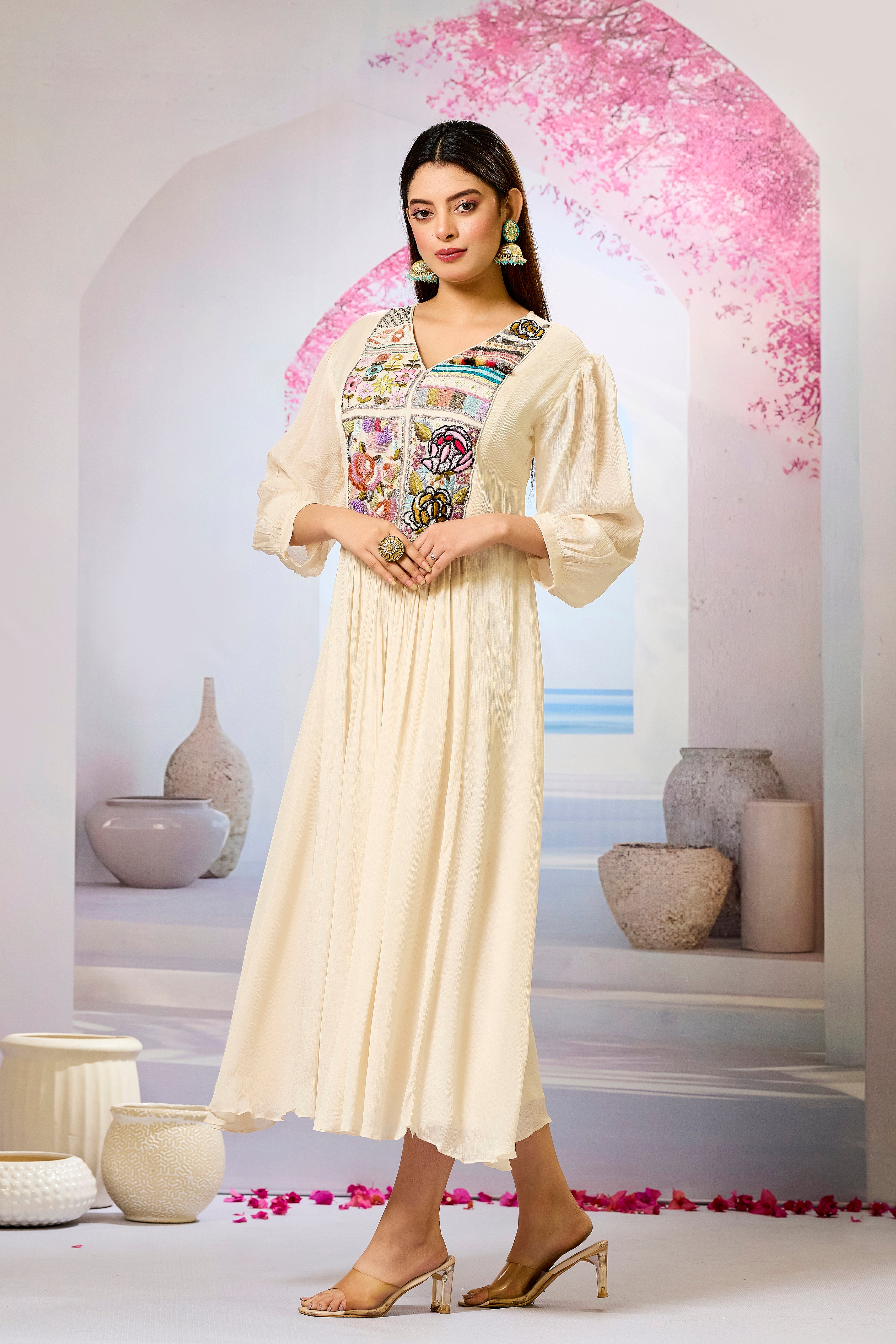 Cream Embellished Chinon Silk Dress