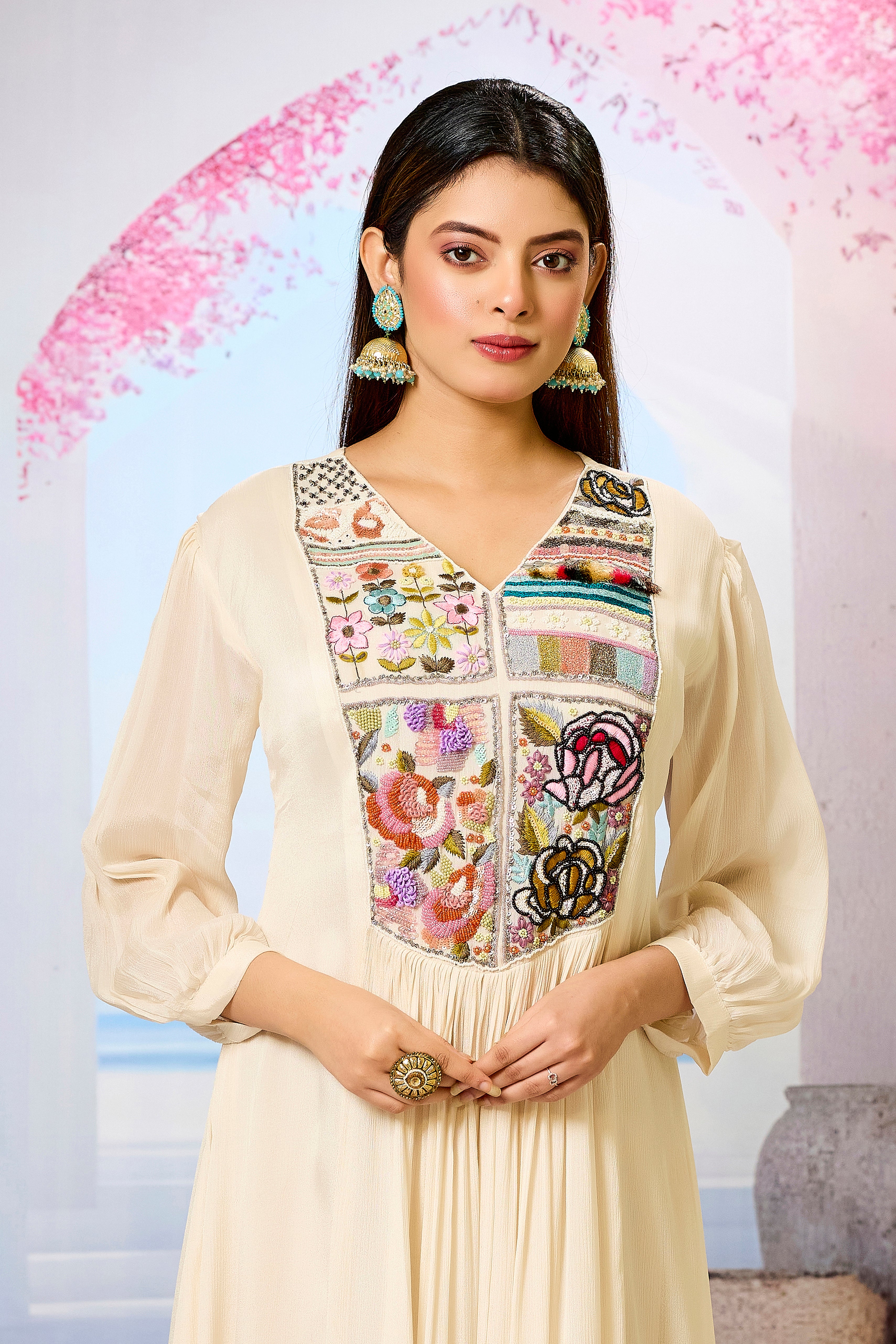 Cream Embellished Chinon Silk Dress