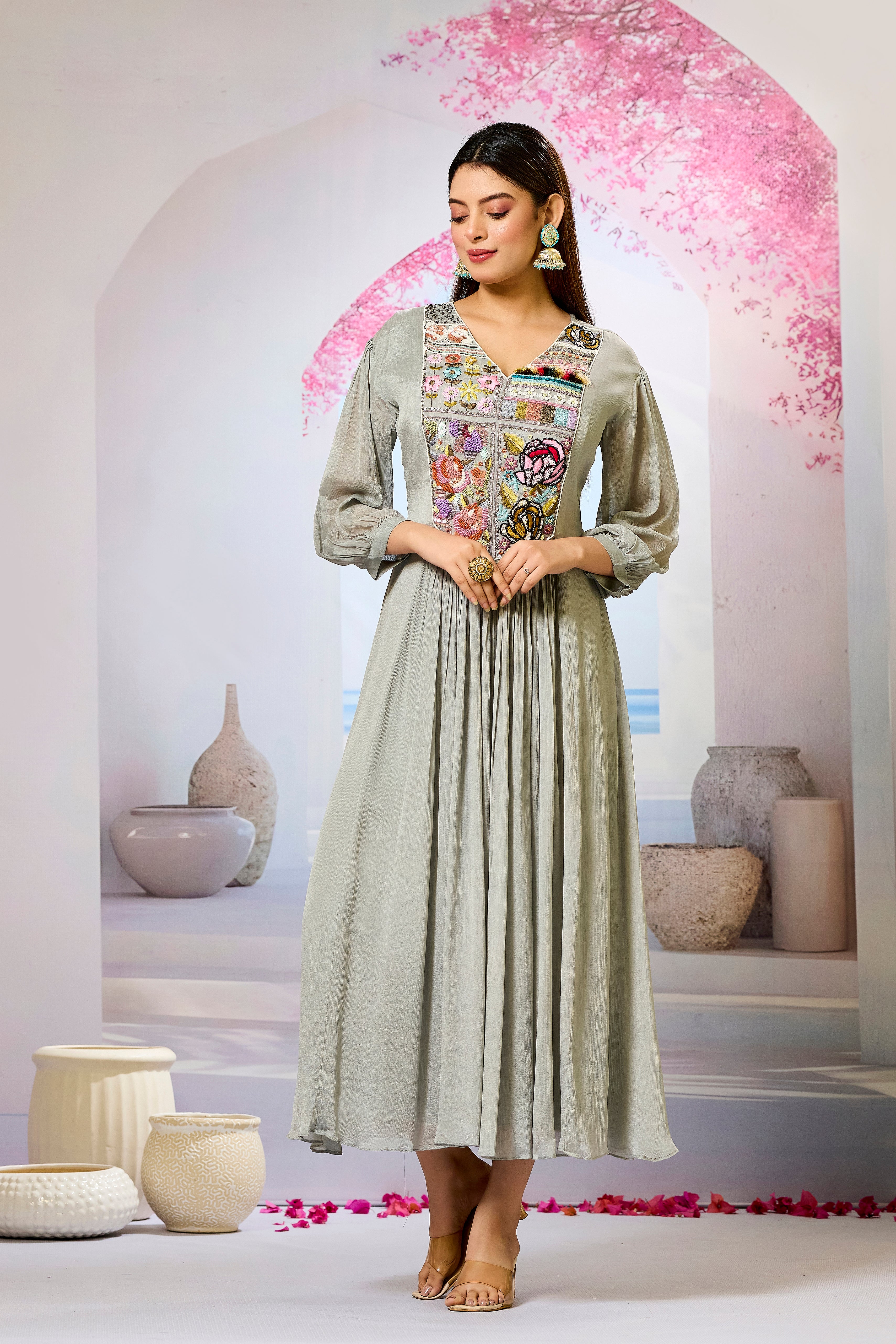 Grey Embellished Chinon Silk Dress