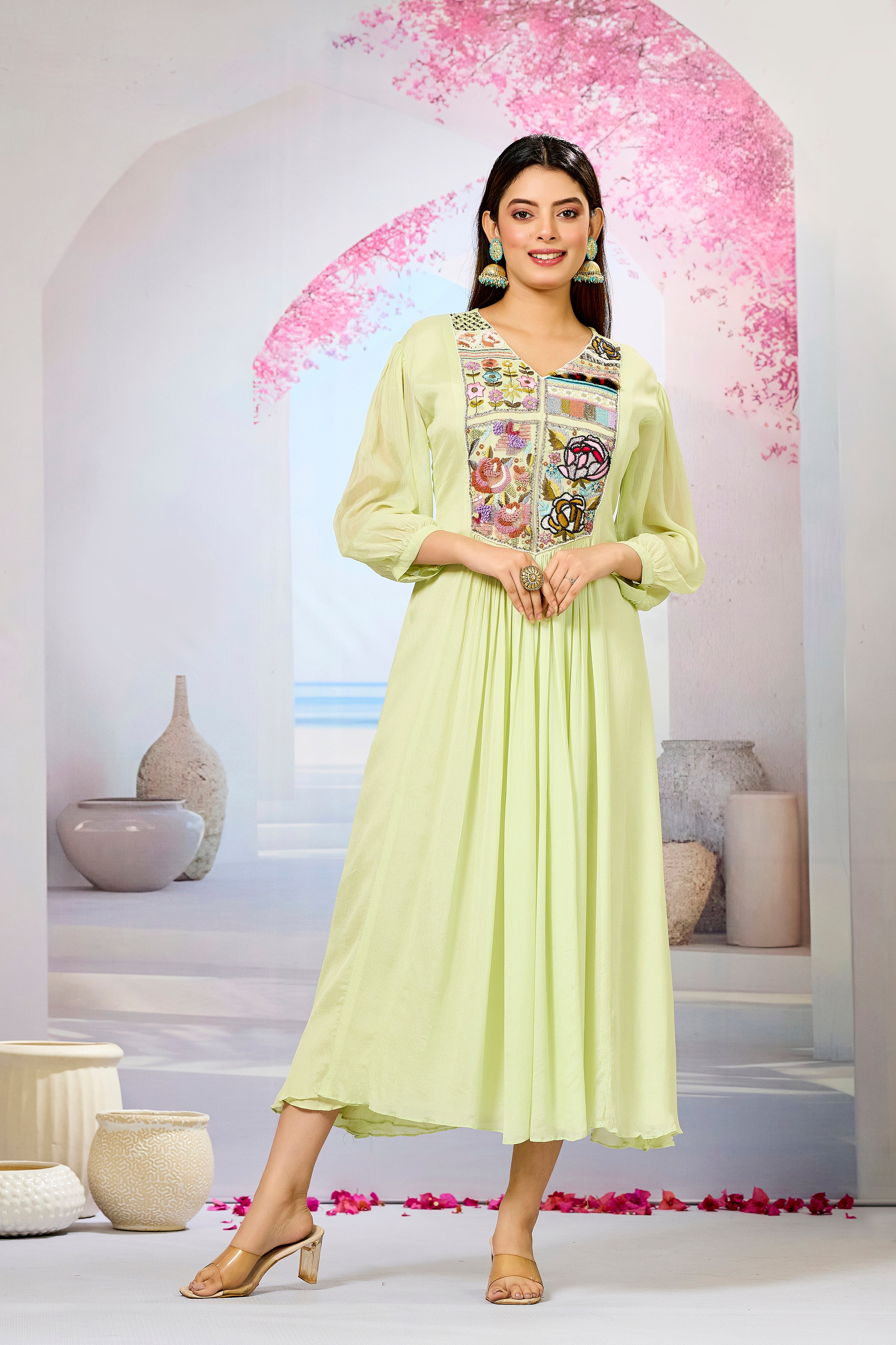 Green Embellished Chinon Silk Dress