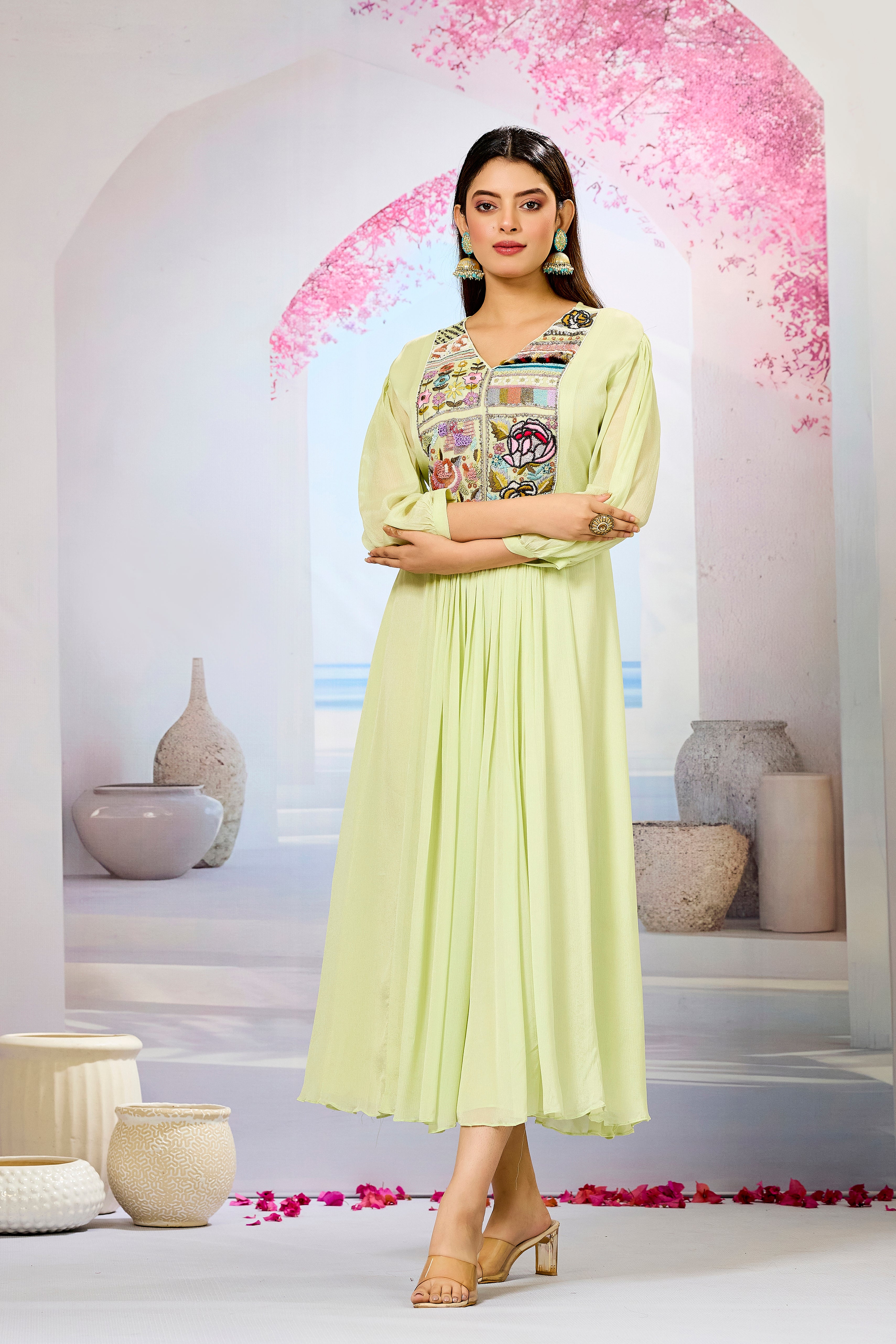 Green Embellished Chinon Silk Dress