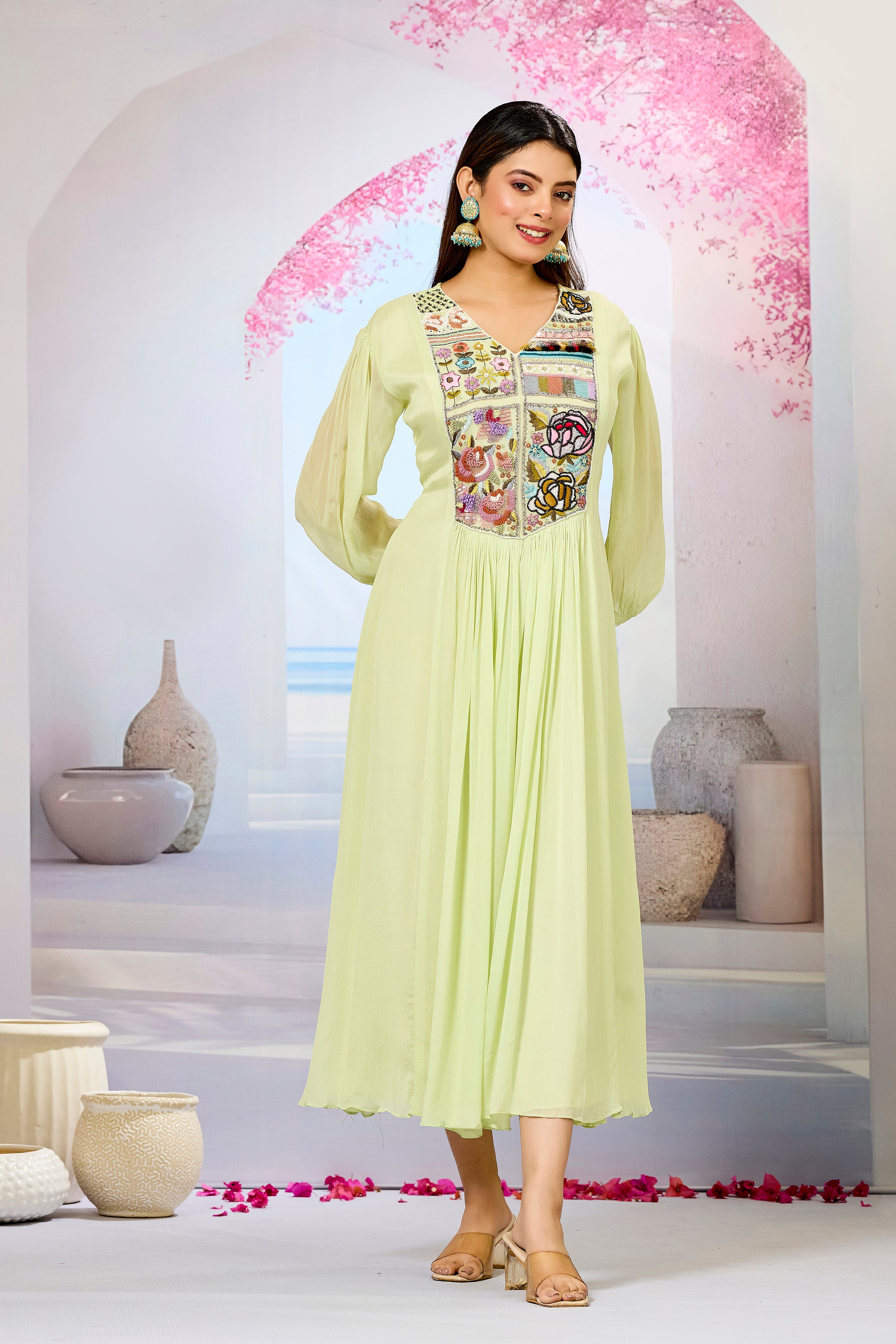 Green Embellished Chinon Silk Dress