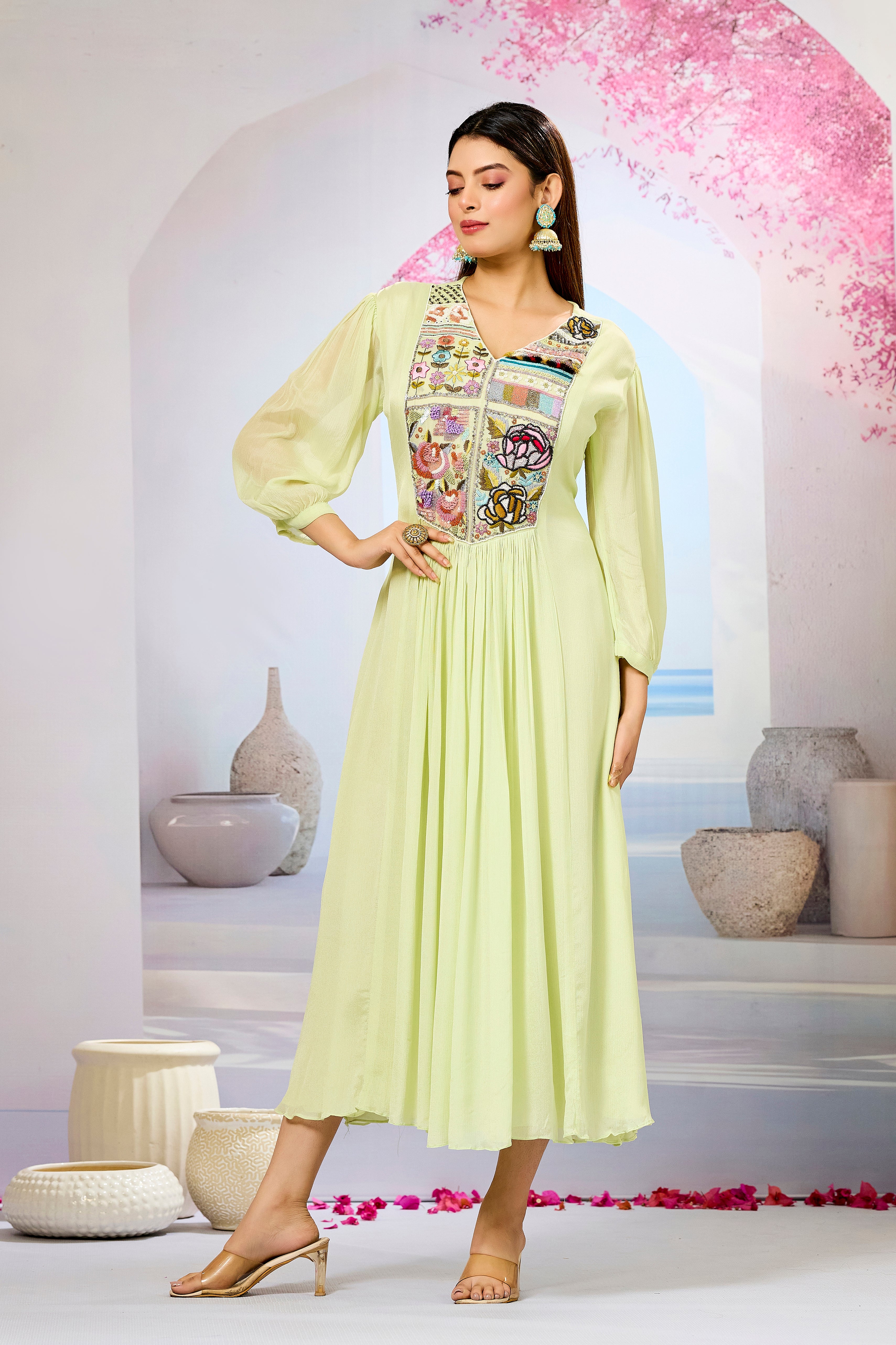 Green Embellished Chinon Silk Dress