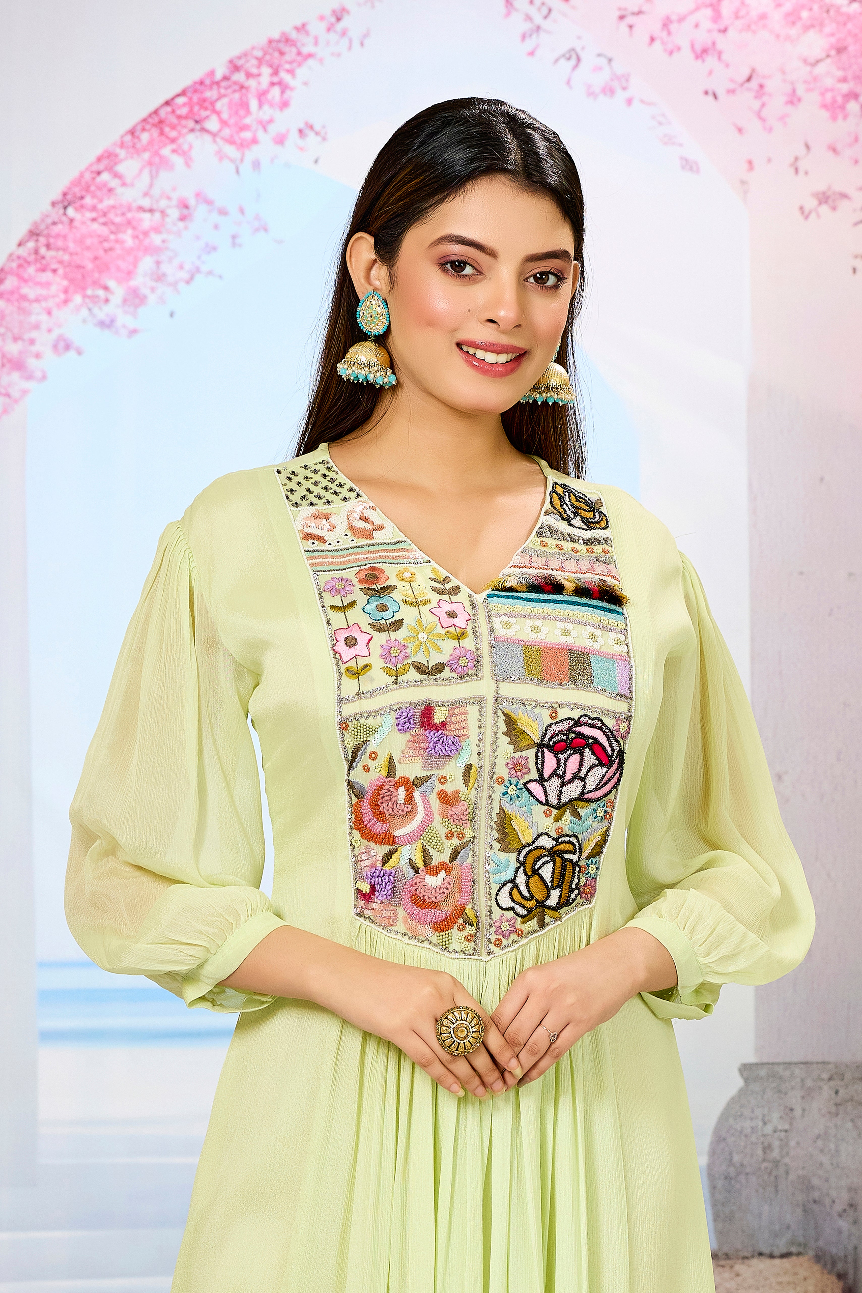 Green Embellished Chinon Silk Dress