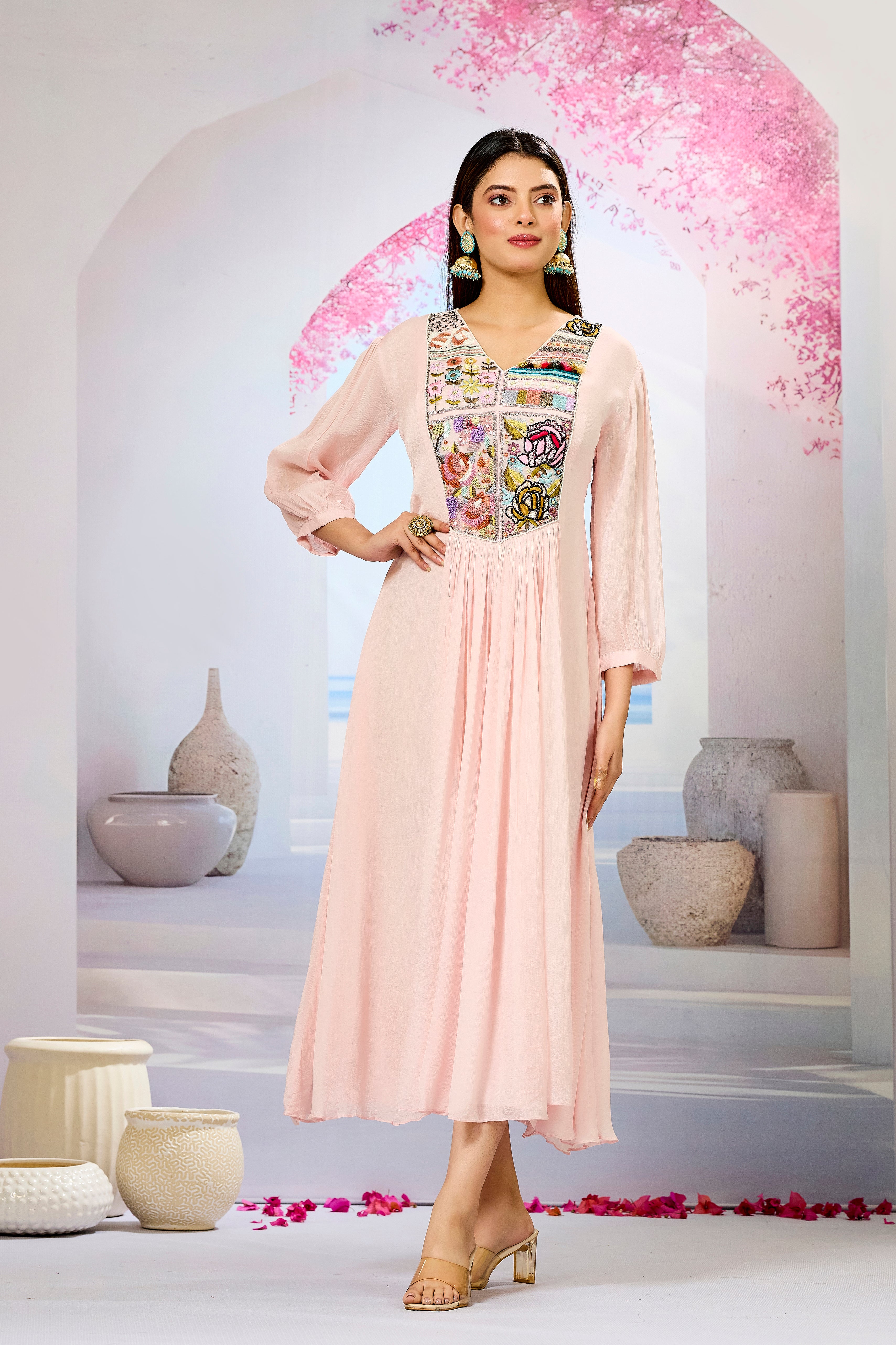 Pink Embellished Chinon Silk Dress