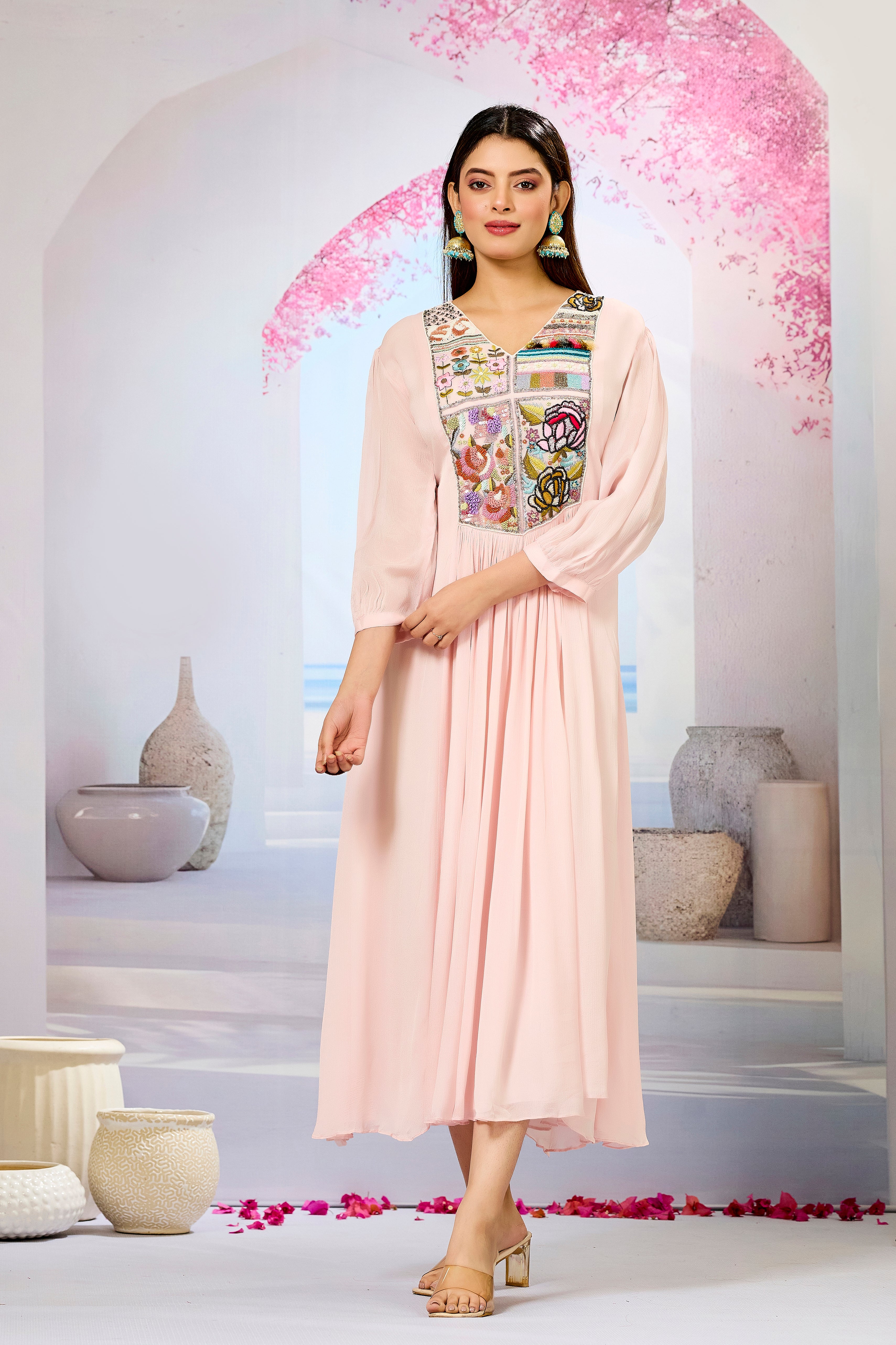 Pink Embellished Chinon Silk Dress